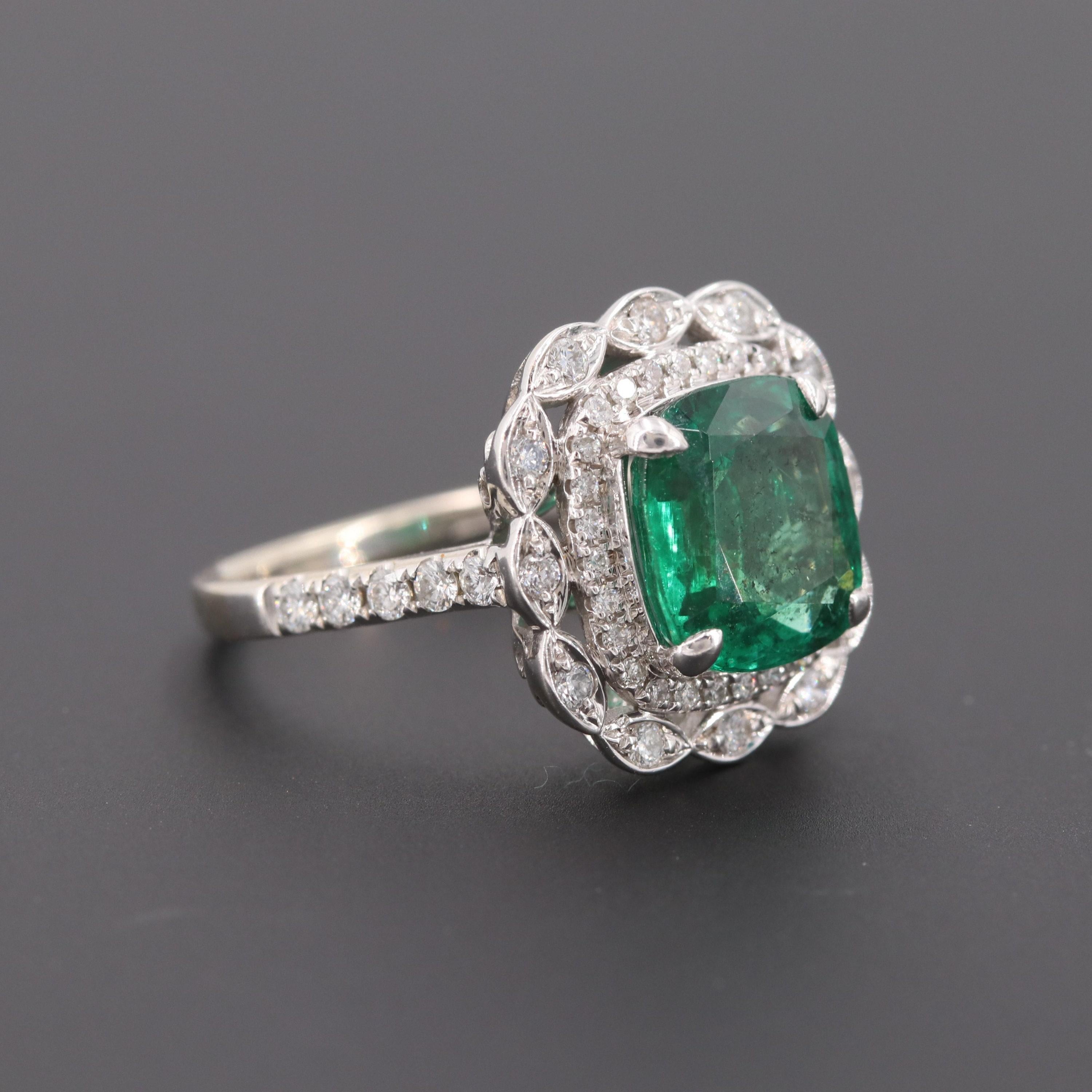 For Sale:  Art Deco 2 CT Natural Cushion Cut Emerald Engagement Ring, Diamond Cocktail Ring 2