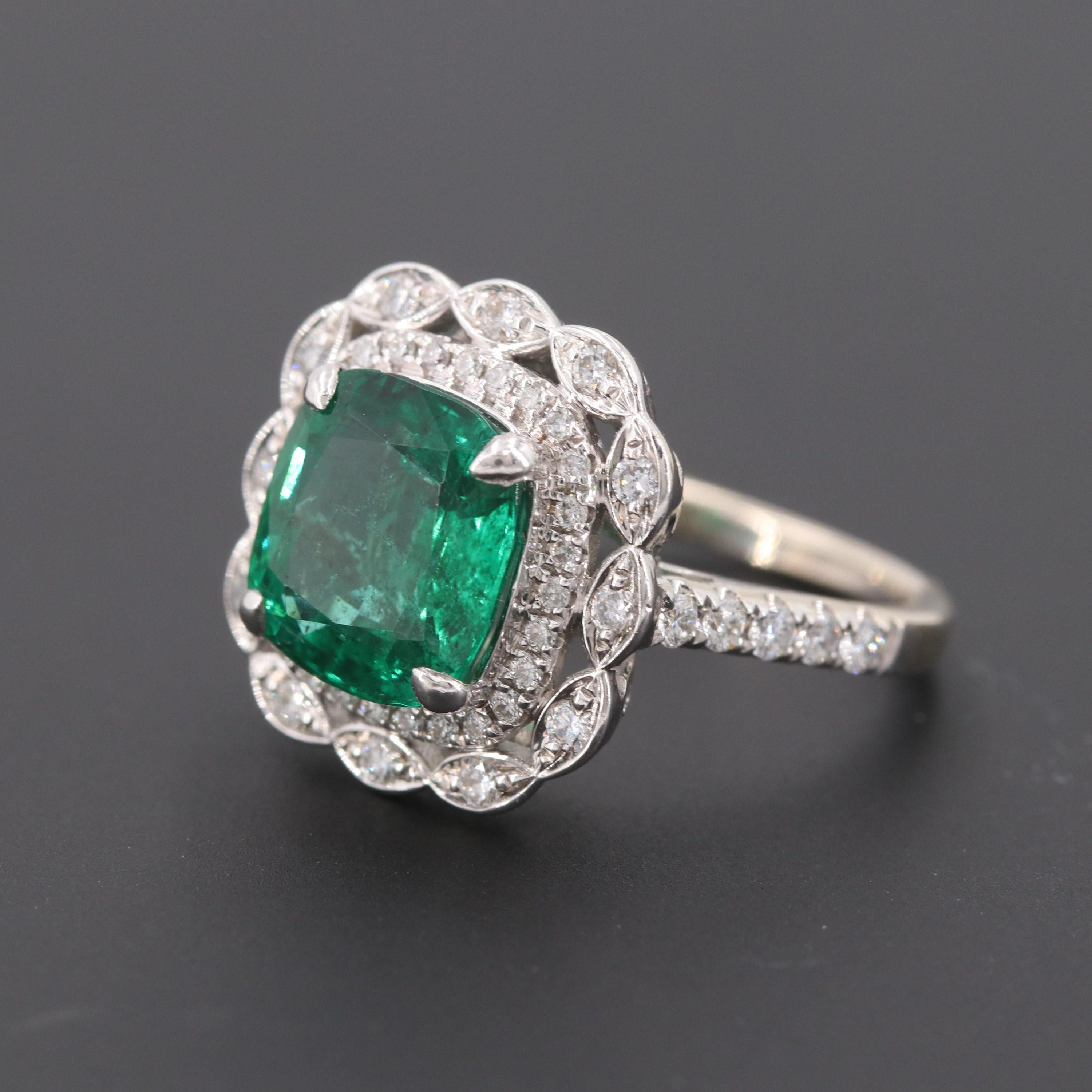 For Sale:  Art Deco 2 CT Natural Cushion Cut Emerald Engagement Ring, Diamond Cocktail Ring 4