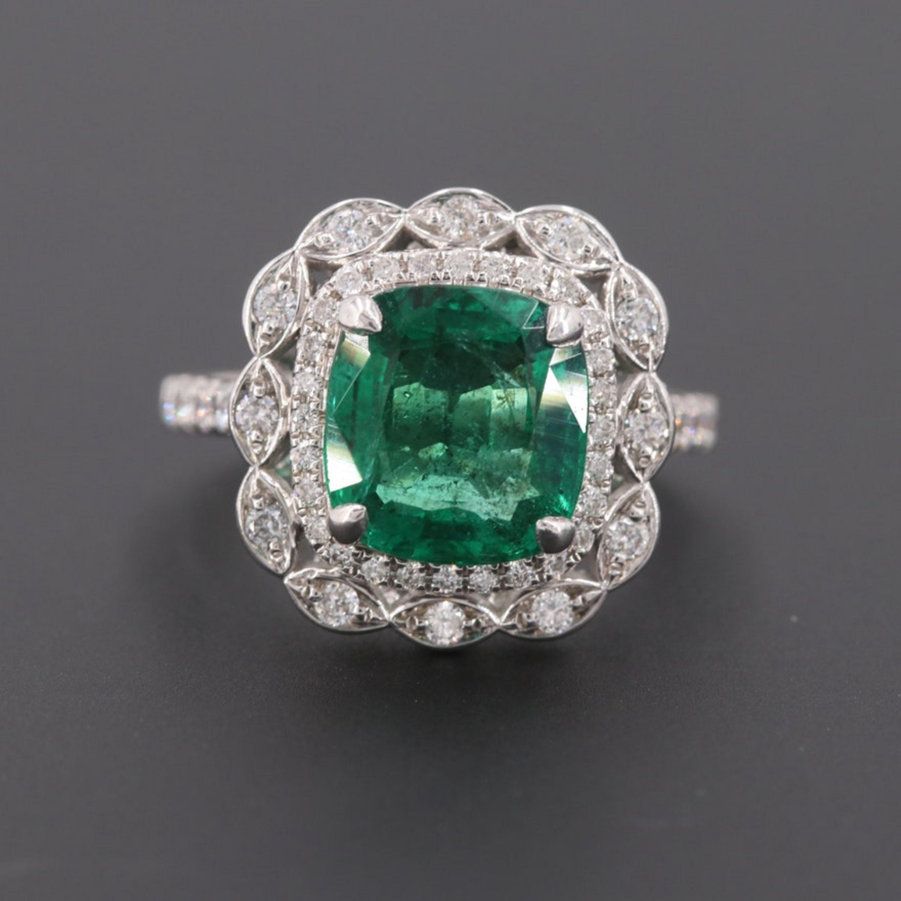 For Sale:  Art Deco 2 CT Natural Cushion Cut Emerald Engagement Ring, Diamond Cocktail Ring 6