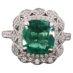 Art Deco Style Cushion Cut Emerald Engagement Ring Halo Emerald Diamond Ring