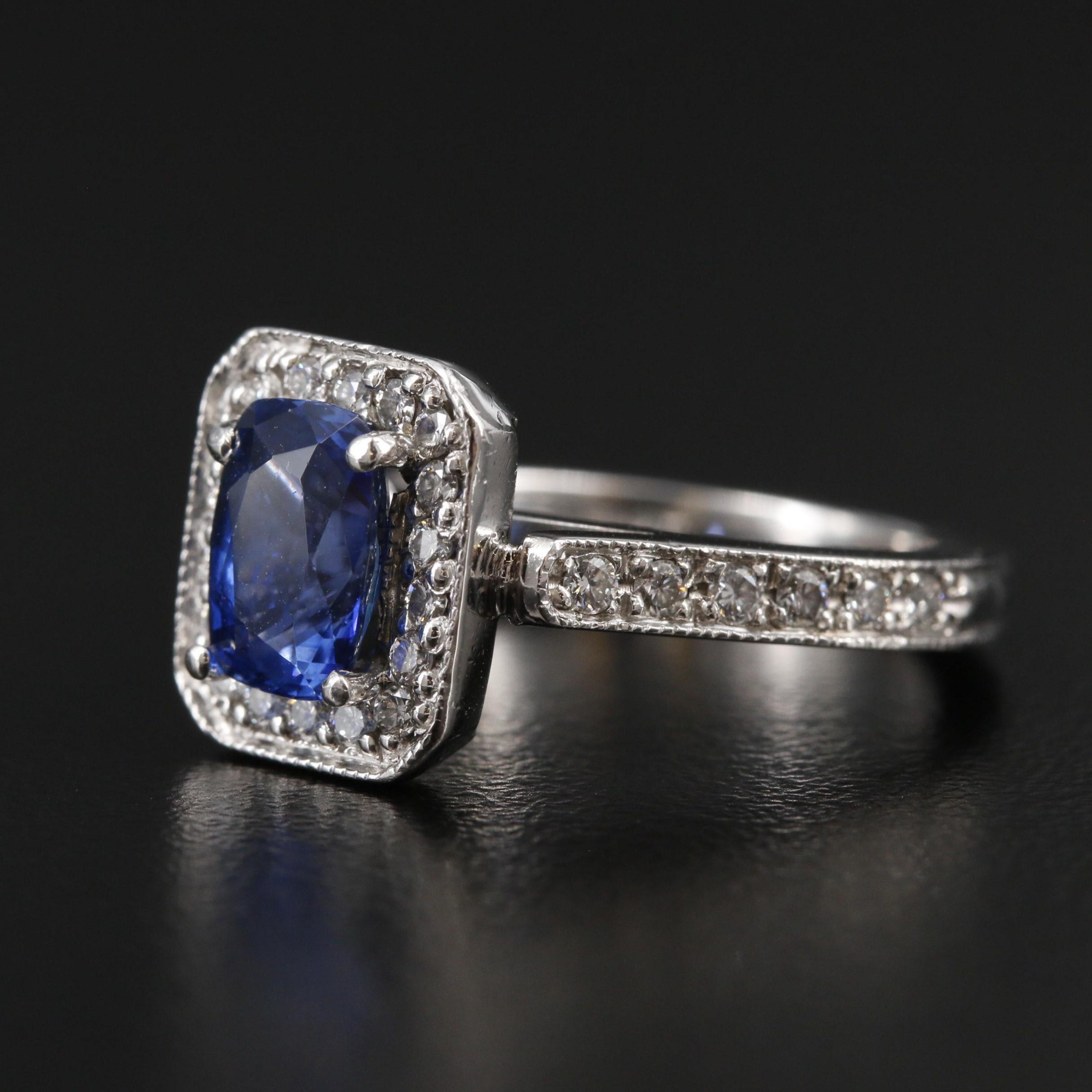 For Sale:  Art Deco Cushion Cut Sapphire Engagement Ring Halo Vintage Diamond Wedding Ring  2
