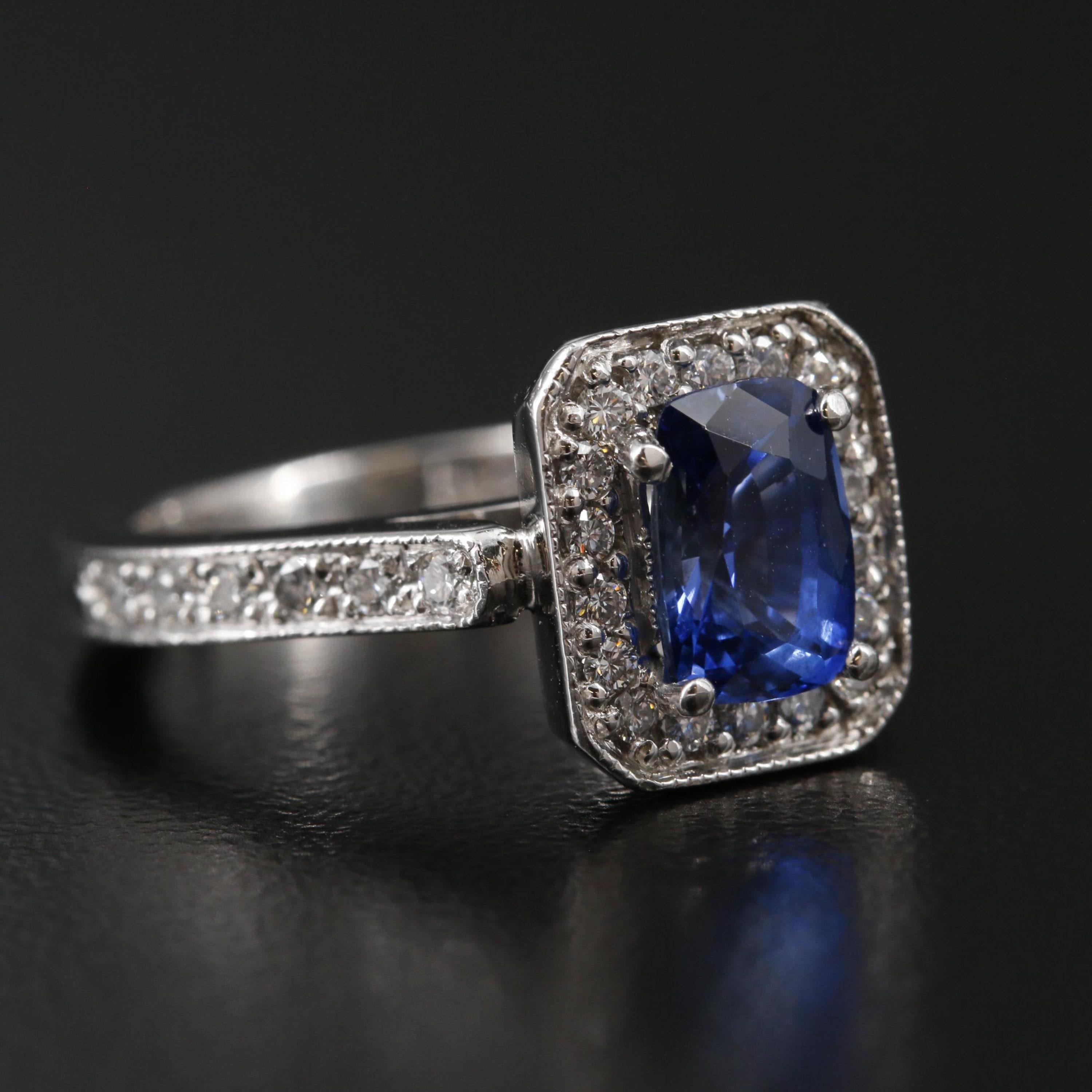 For Sale:  Art Deco Cushion Cut Sapphire Engagement Ring Halo Vintage Diamond Wedding Ring  5