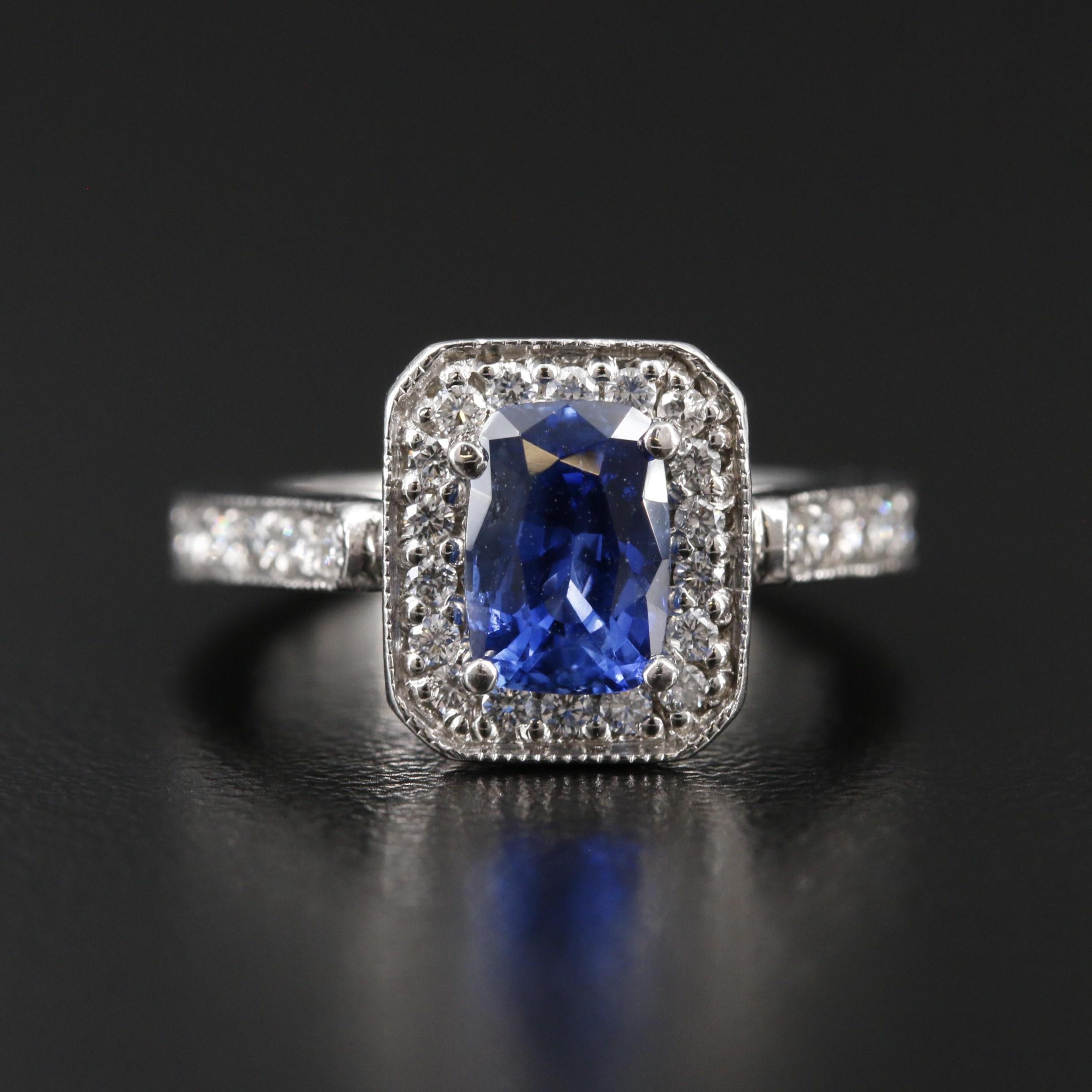 For Sale:  Art Deco Cushion Cut Sapphire Engagement Ring Halo Vintage Diamond Wedding Ring  6