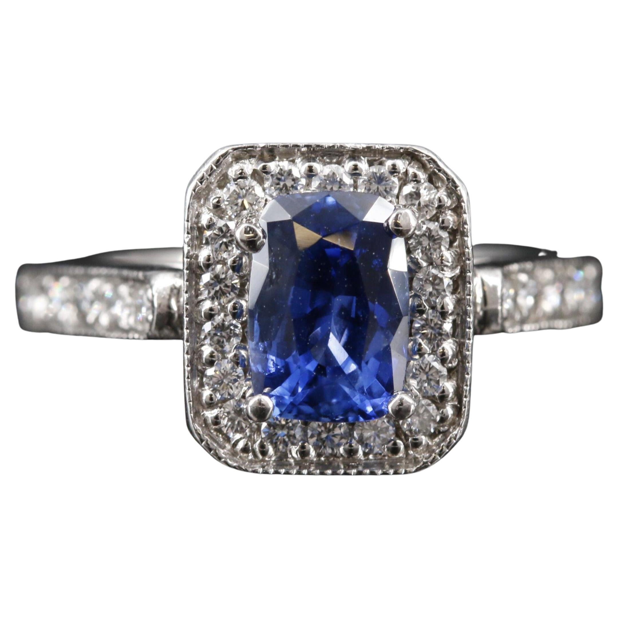 For Sale:  Art Deco Cushion Cut Sapphire Engagement Ring Halo Vintage Diamond Wedding Ring