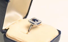 Art Deco Sapphire and Diamond Ring. Cushion Sapphire Diamond Halo Ring Platinum