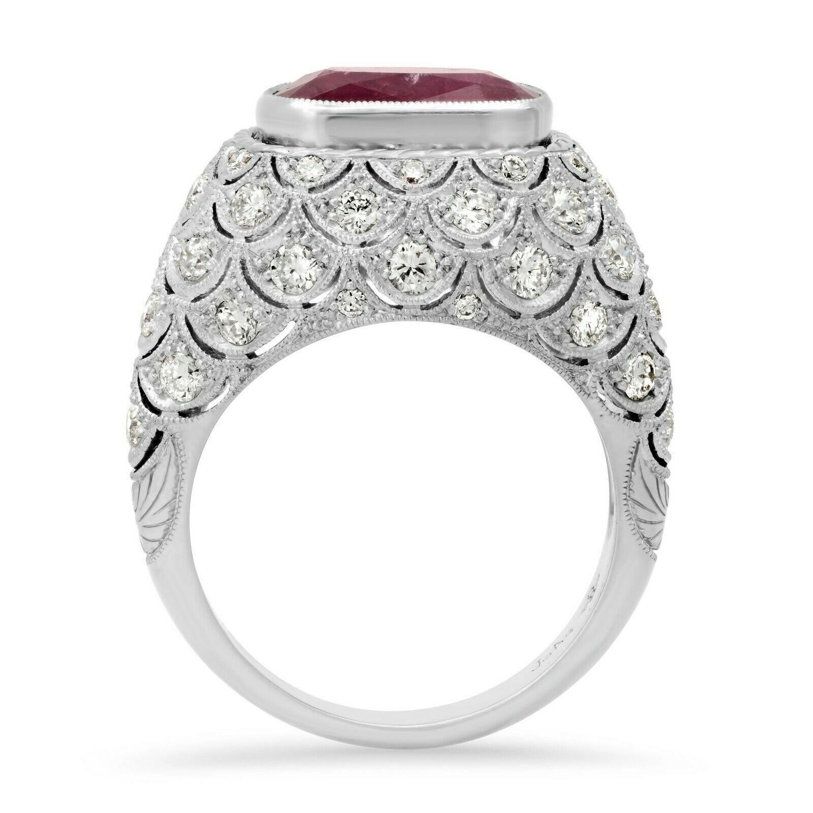 Ruby (4.29 carat center) and diamond (1.2 total carat weight) antique inspired cocktail ring in 900 platinum. The ring is designed and handmade locally in Los Angeles by Sage Designs L.A. using earth-mined and conflict free diamonds and rubies. Ring