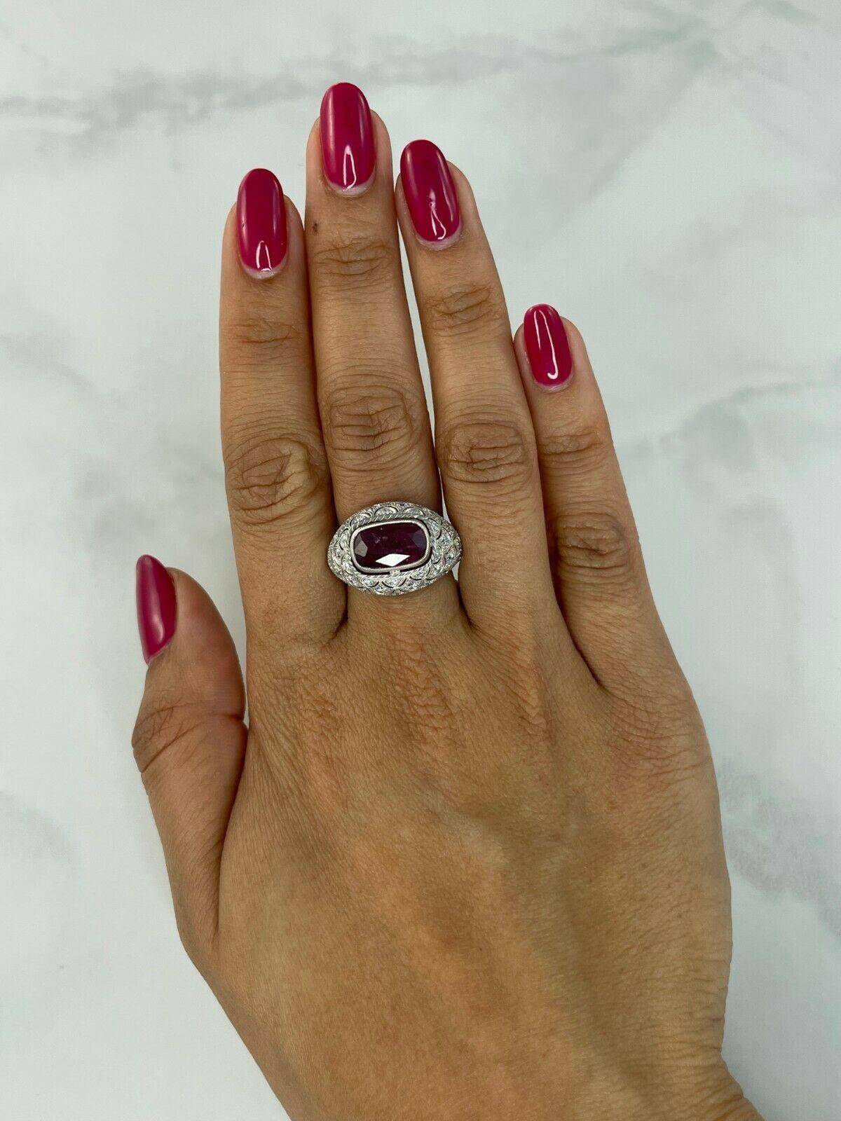 Women's Art Deco Style GIA 4.29 CT Ruby Diamond 5.49 TCW Platinum Engagement Ring