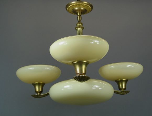  German Art Deco Brass and Opaline Glass   Chandelier In Good Condition For Sale In Douglas Manor, NY