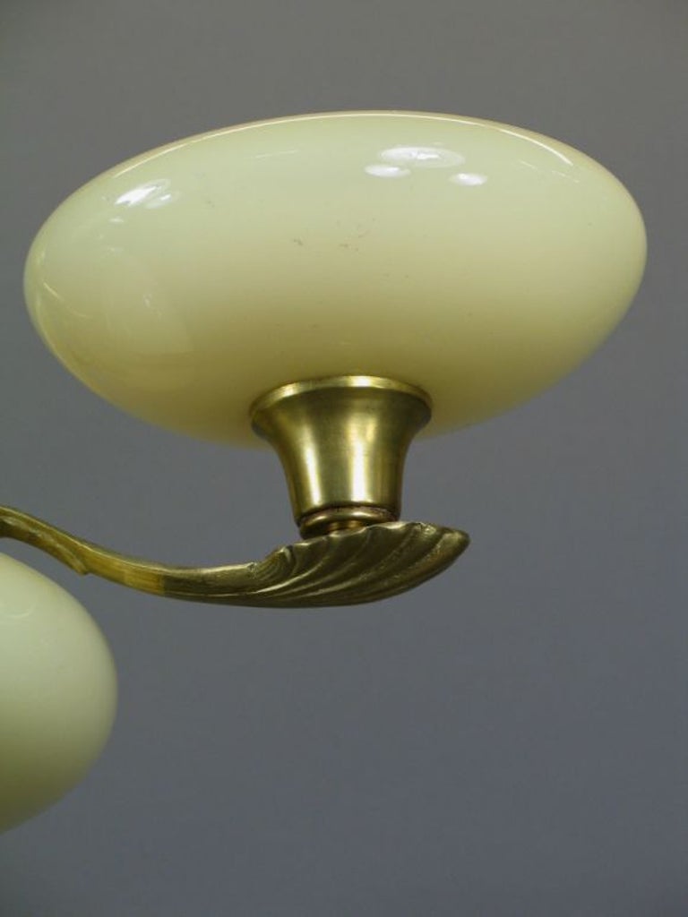 Mid-20th Century  German Art Deco Brass and Opaline Glass   Chandelier For Sale