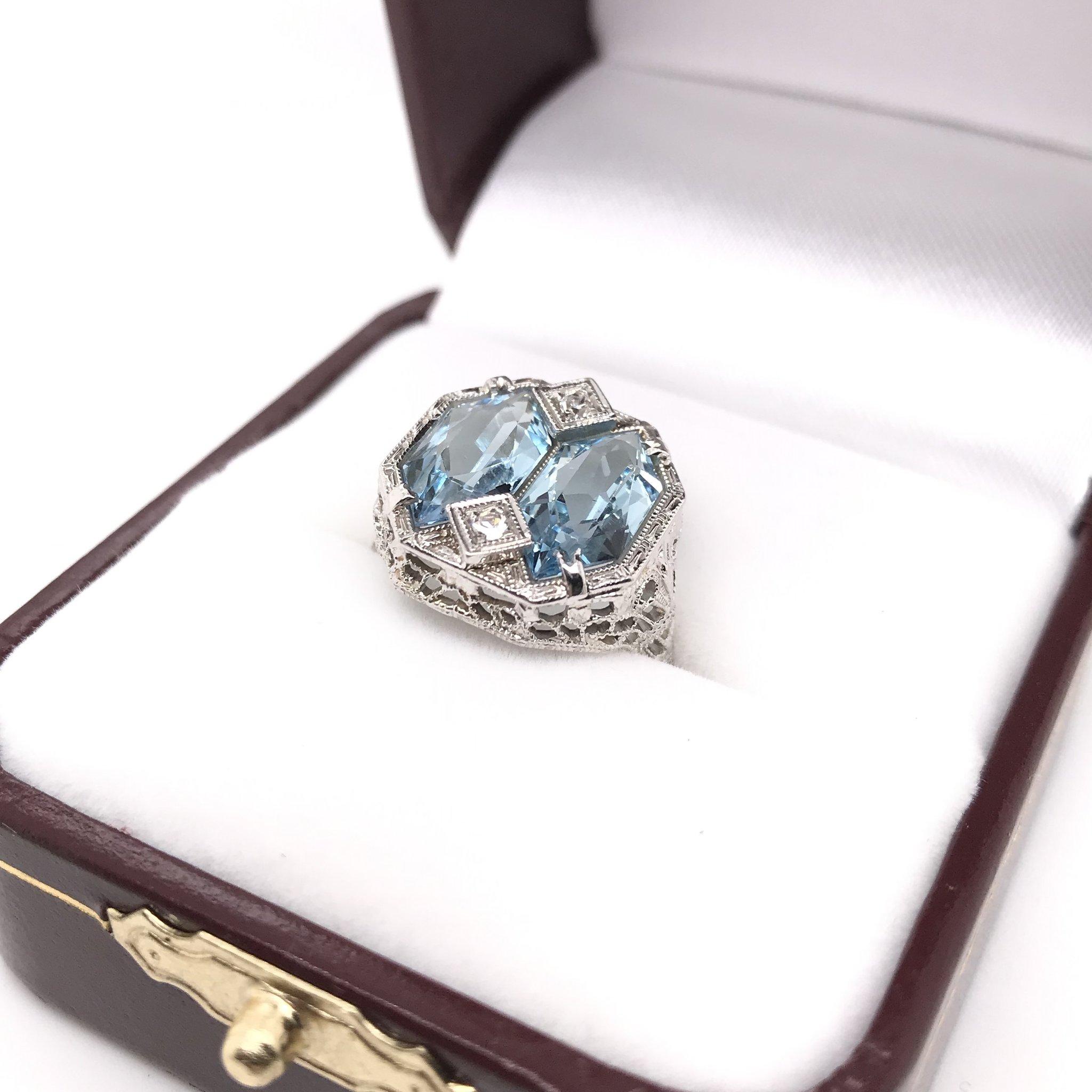 Art Deco Custom Cut Aquamarine Filigree Ring In Good Condition In Montgomery, AL
