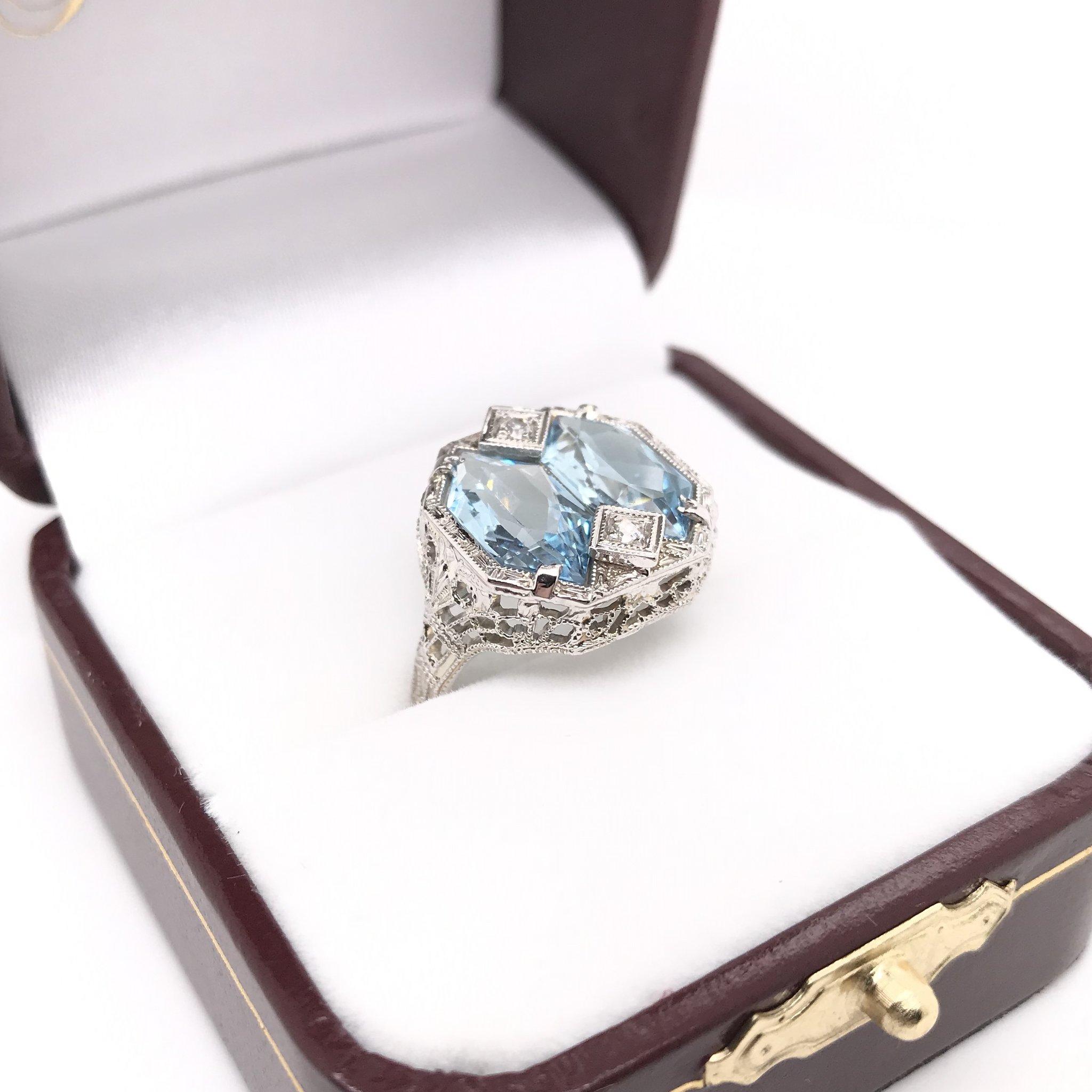 Women's Art Deco Custom Cut Aquamarine Filigree Ring