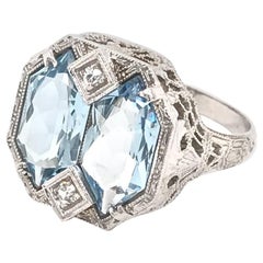 Art Deco Custom Cut Aquamarine Filigree Ring