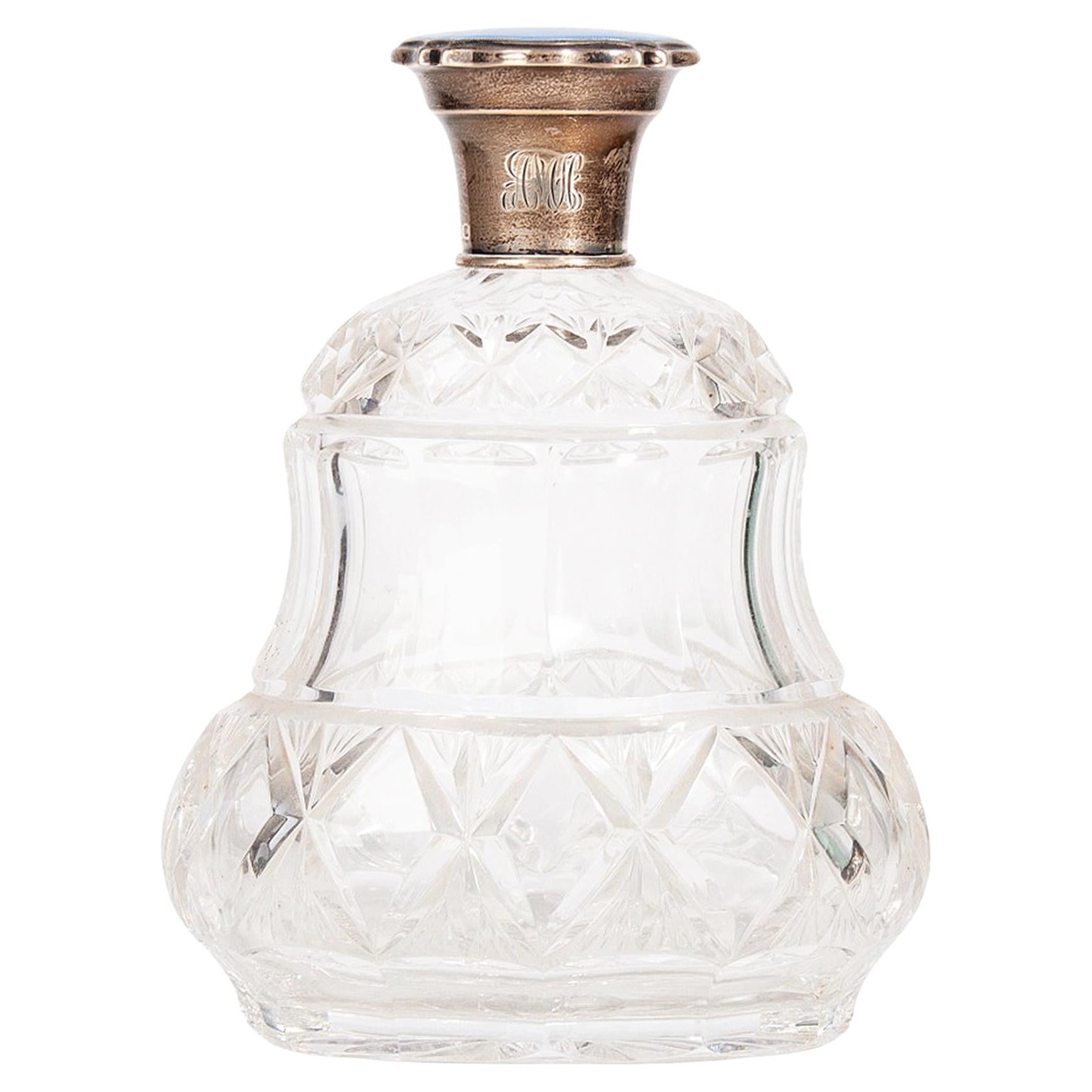 Botella Art Déco de Cristal Tallado con Esmalte y Tapa de Plata de Mappin & Webb, Inglaterra en venta