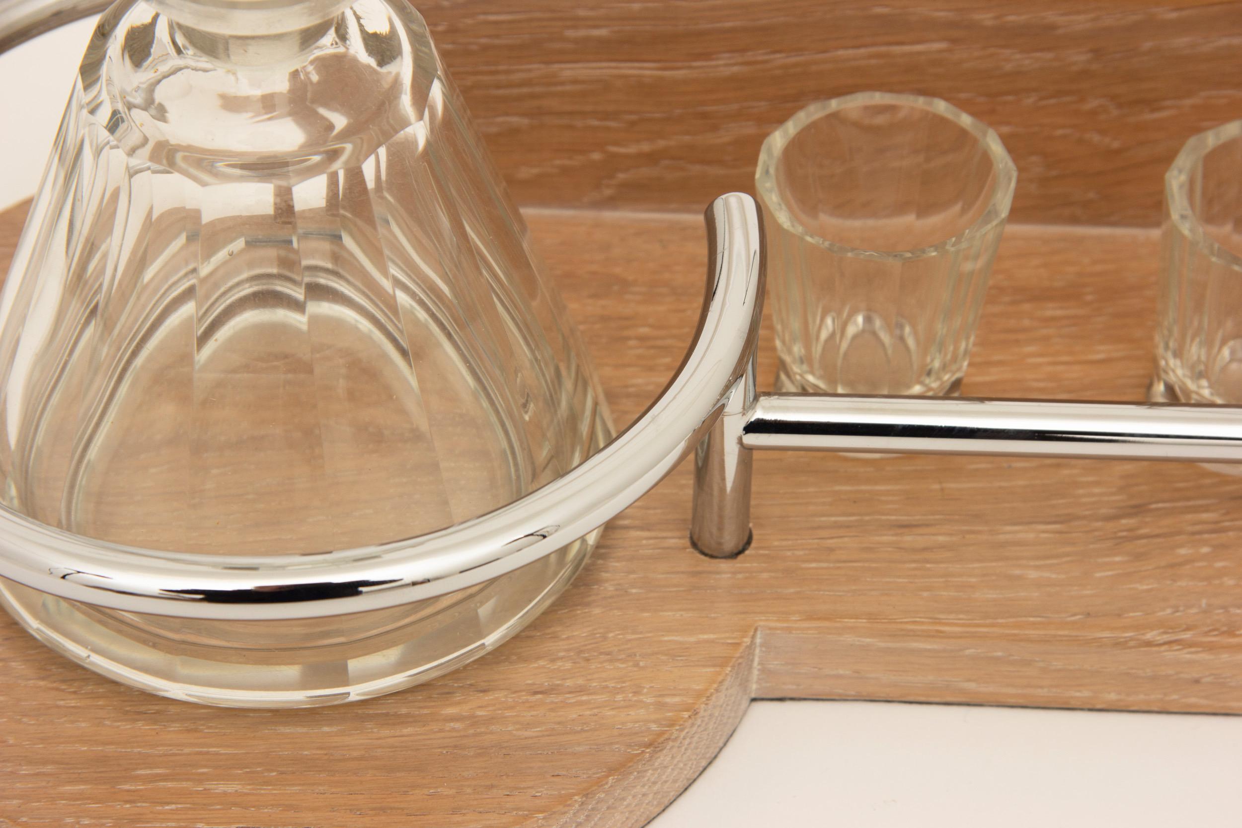 French Art Deco Cut Crystal Liquor Set with a Modernist Limed Oak & Chrome Tray, Adnet For Sale