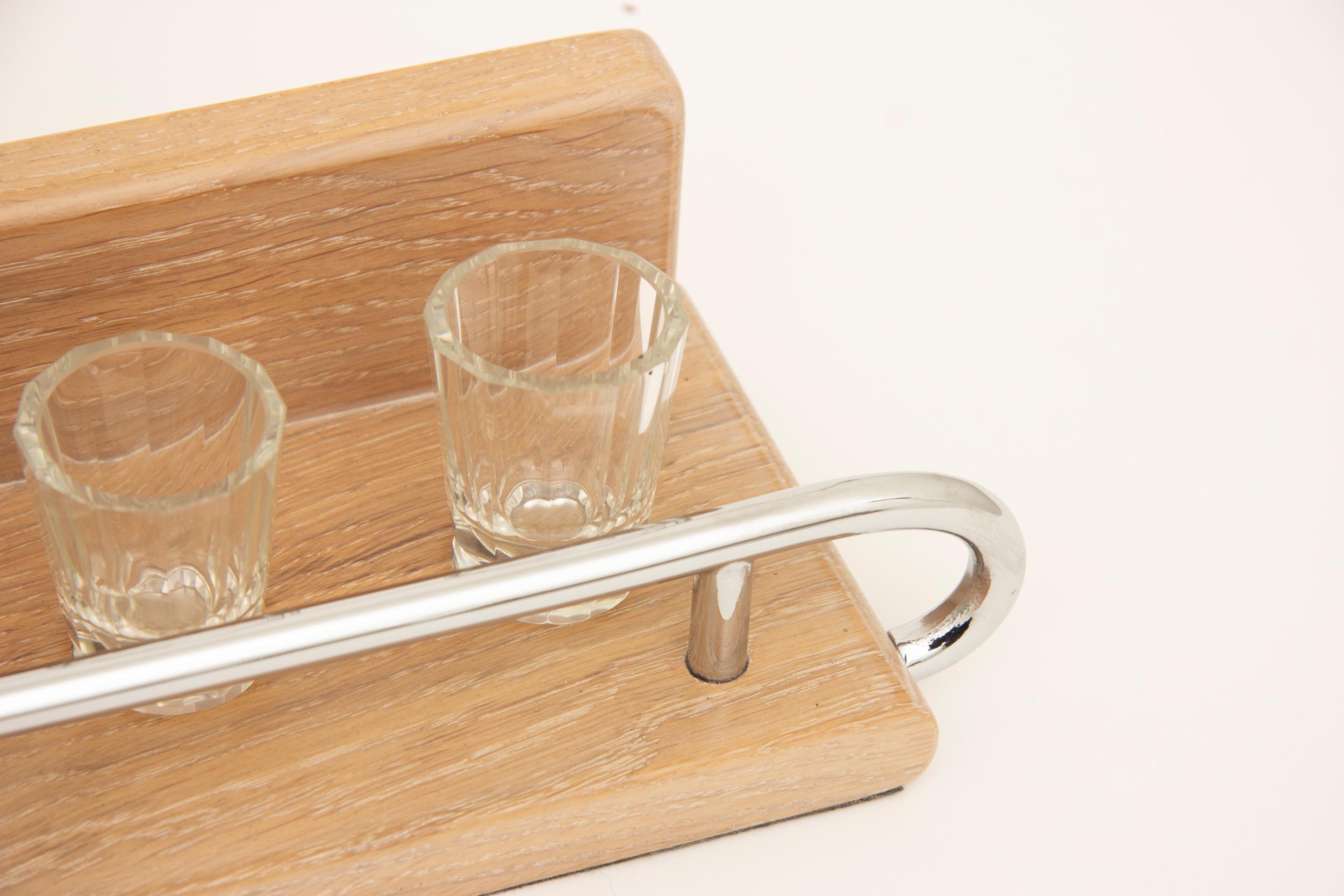 Art Deco Cut Crystal Liquor Set with a Modernist Limed Oak & Chrome Tray, Adnet In Good Condition For Sale In London, GB