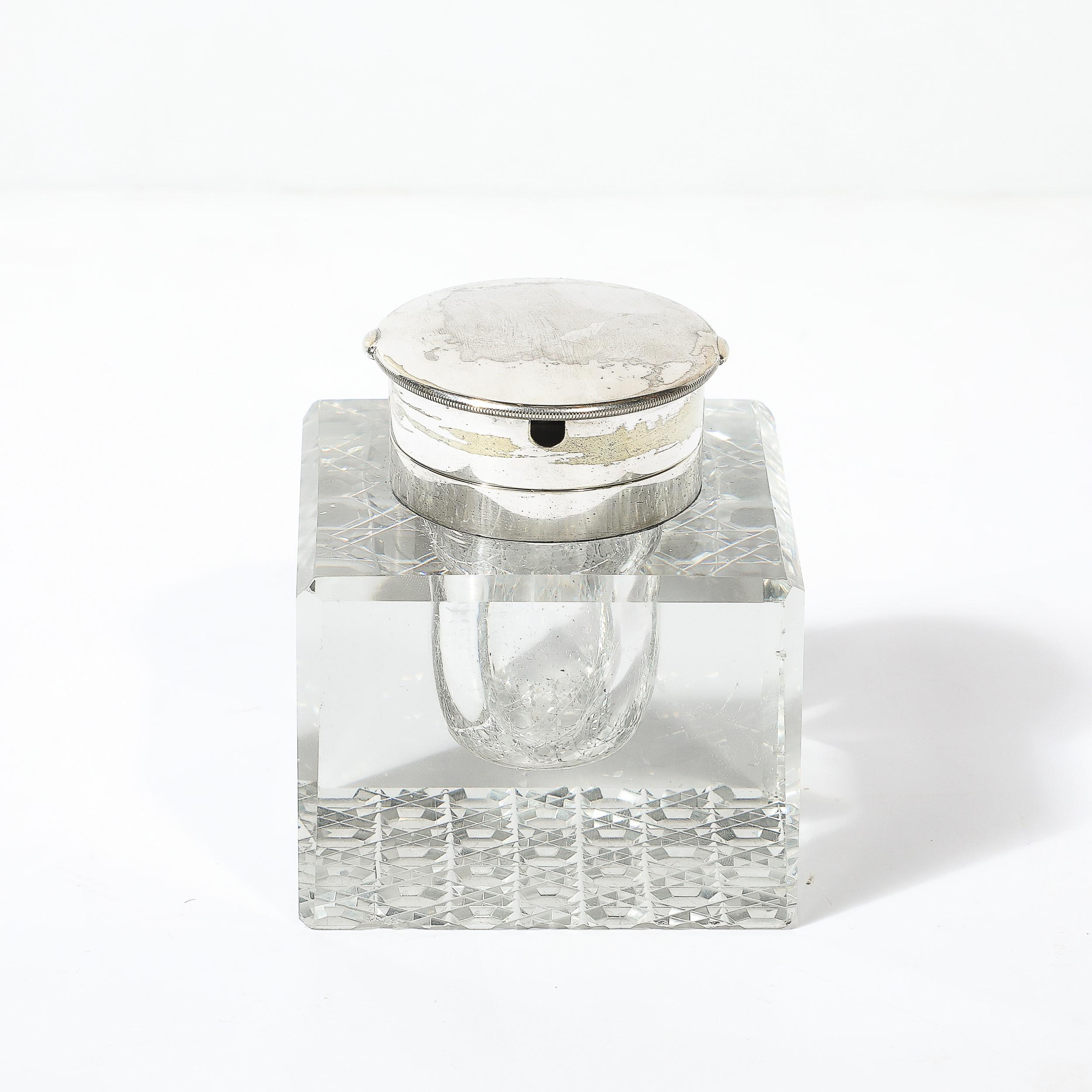 Add a touch of historical elegance to your desk with this Art Deco Cut Crystal & Silver Plate Inkwell, signed by Cross, England, from the early 20th century. This exquisite inkwell exemplifies the timeless beauty and precision of Art Deco design,
