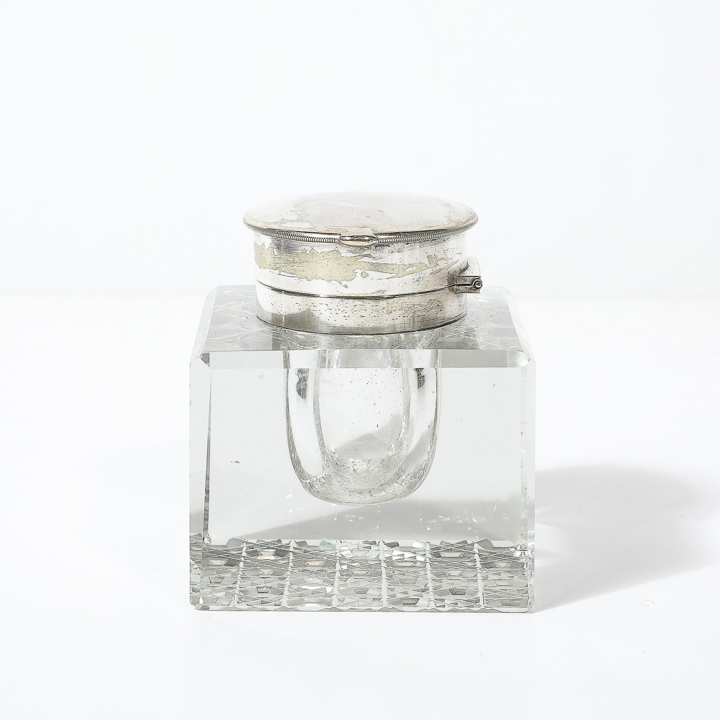 English Art Deco Cut Crystal & Silver Plate Inkwell Signed Cross For Sale