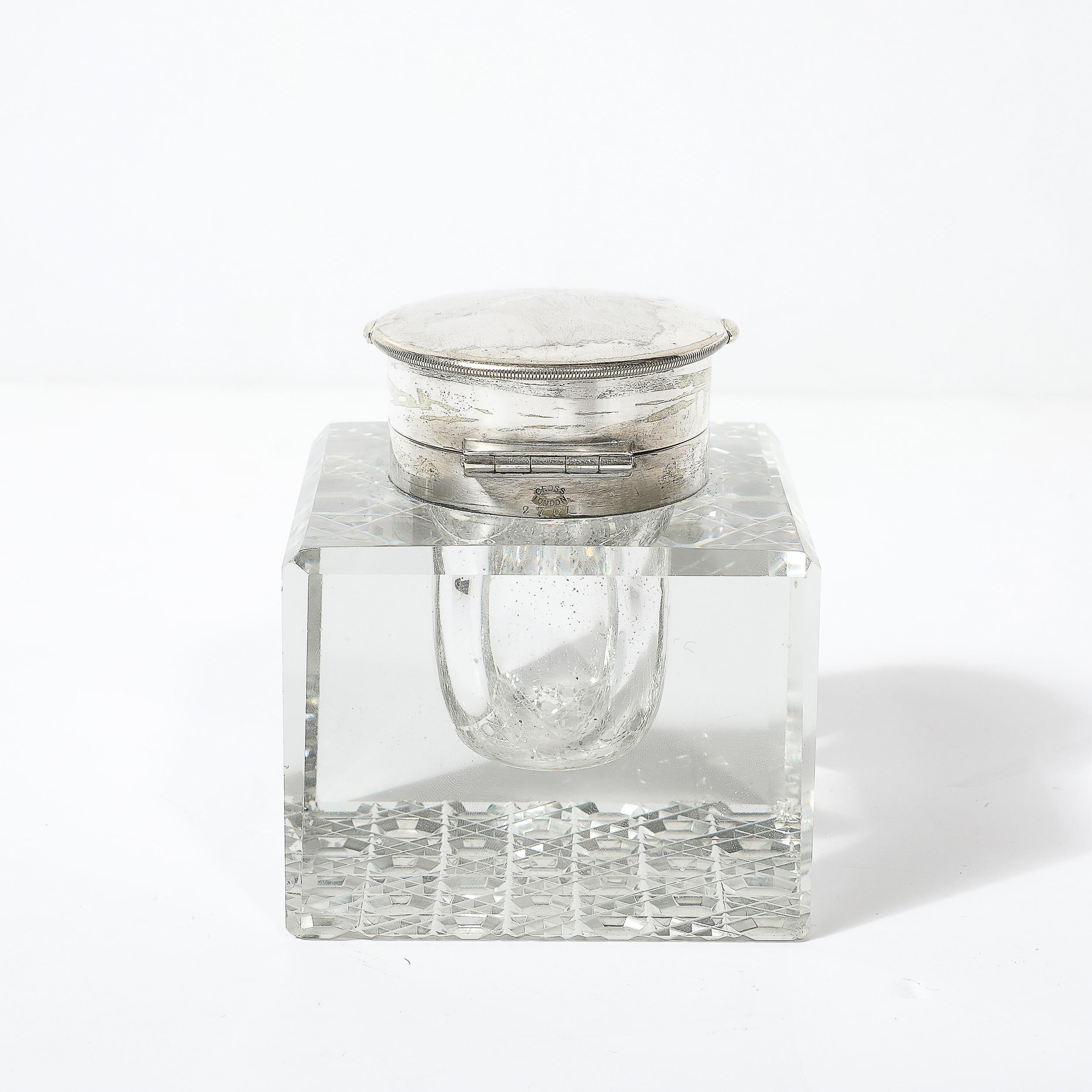 Art Deco Cut Crystal & Silver Plate Inkwell Signed Cross In Good Condition For Sale In New York, NY