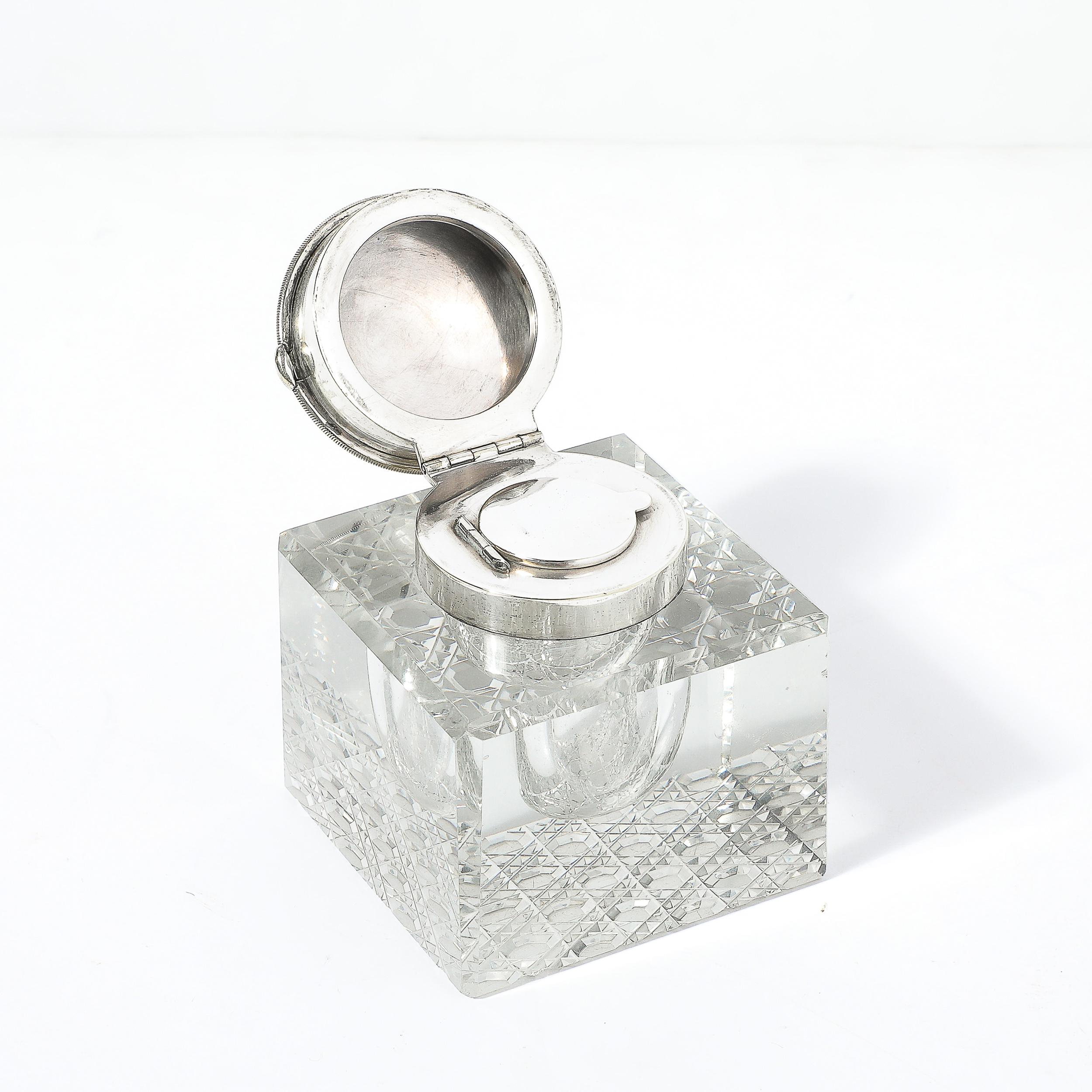 Art Deco Cut Crystal & Silver Plate Inkwell Signed Cross For Sale 1
