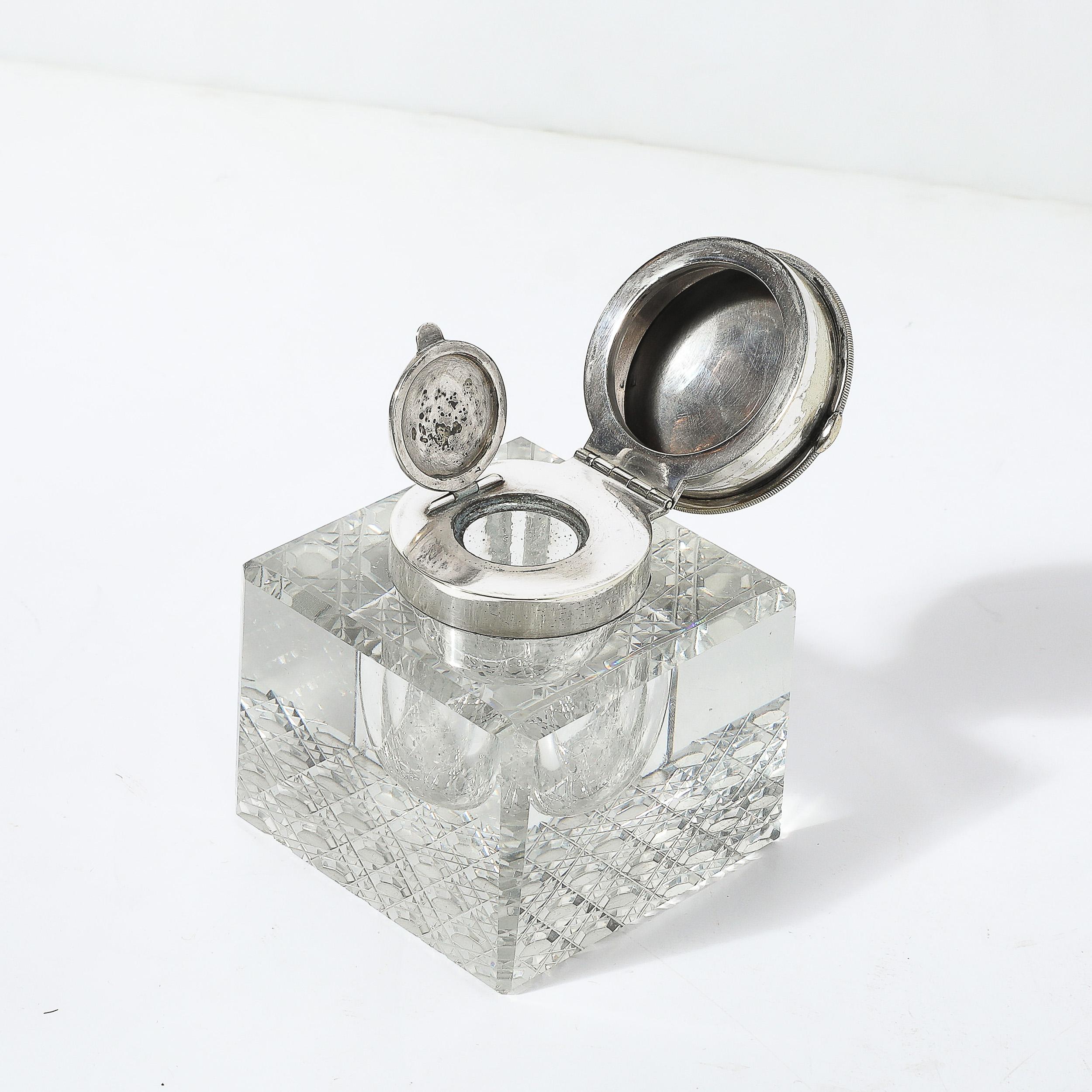 Art Deco Cut Crystal & Silver Plate Inkwell Signed Cross For Sale 2