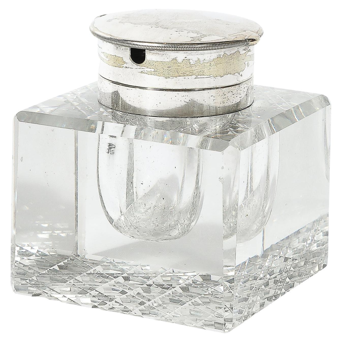 Art Deco Cut Crystal & Silver Plate Inkwell Signed Cross
