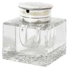 Art Deco Cut Crystal & Silver Plate Inkwell Signed Cross