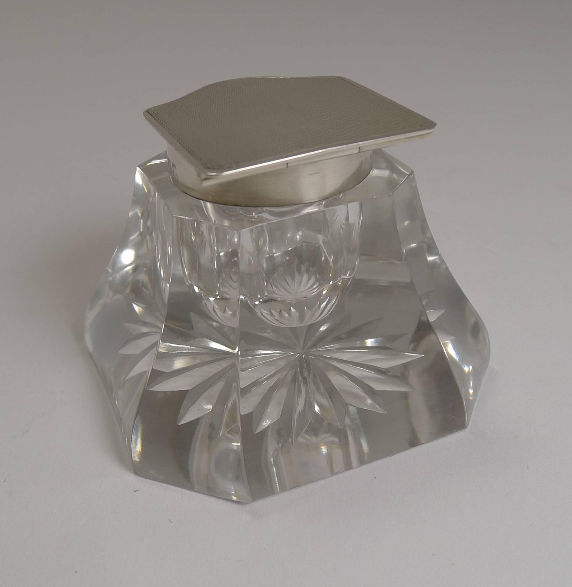 Art Deco Cut-Glass and English Sterling Silver Inkwell For Sale 2