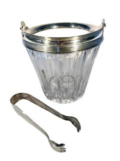 Art Deco Cut Glass and Sterling Silver Ice Bucket with Silver Plate Tongs