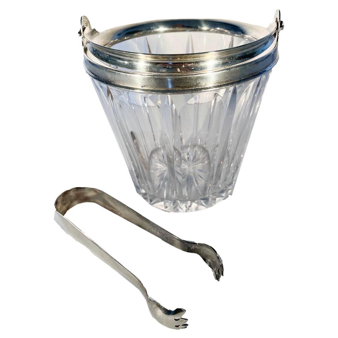 Art Deco Cut Glass and Sterling Silver Ice Bucket with Silver Plate Tongs
