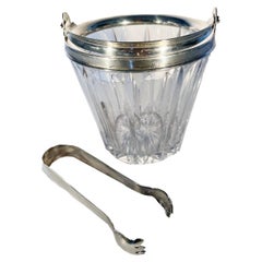 Art Deco Cut Glass and Sterling Silver Ice Bucket with Silver Plate Tongs