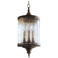 Art Deco Cut Glass Brass Cylindrical Three-Light Lantern Art Deco Cut Glass Brass Cylindrical Three-Light Lantern