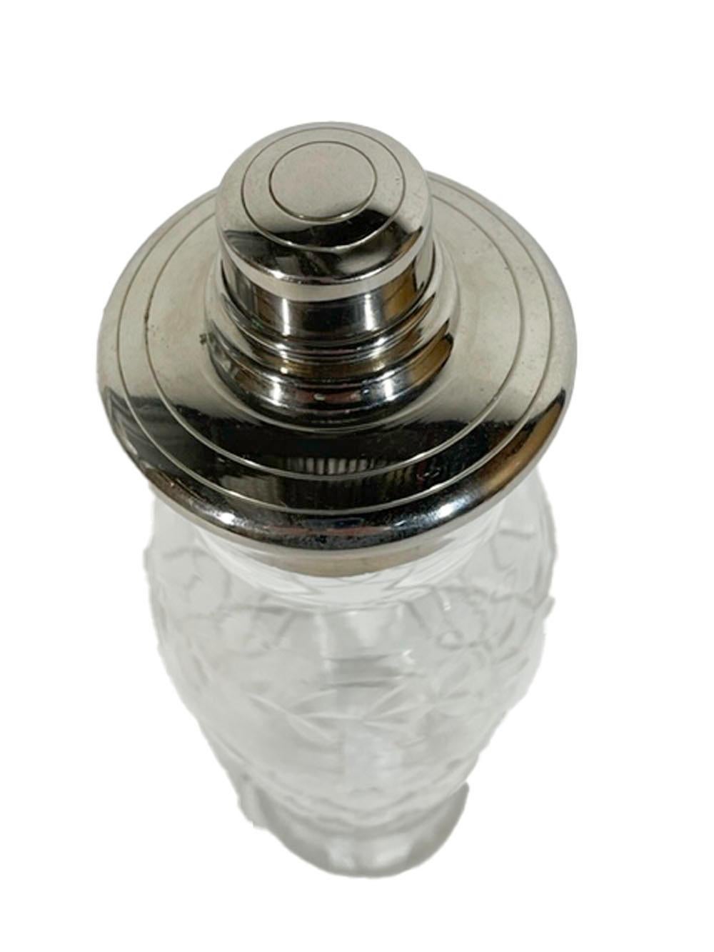 Art Deco cut glass cocktail shaker with silver plate domed center pour lid with integral strainer and cork seal.