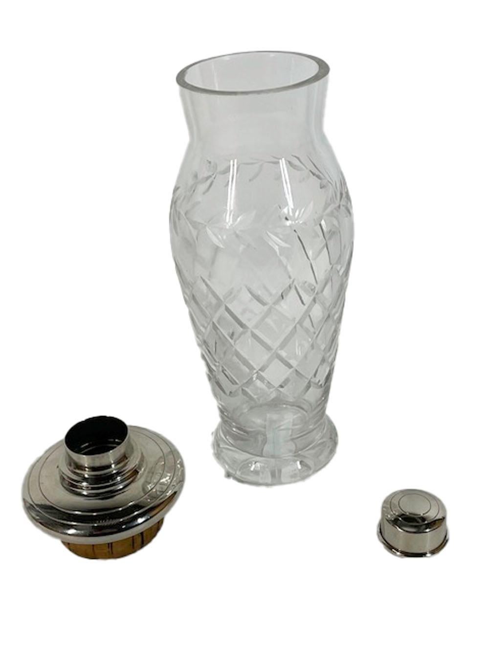 European Art Deco Cut Glass Cocktail Shaker with Silver Plate Lid For Sale