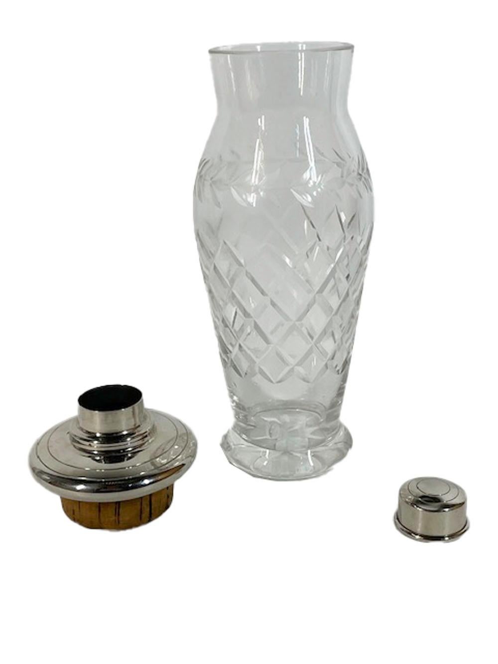 Art Deco Cut Glass Cocktail Shaker with Silver Plate Lid In Good Condition For Sale In Nantucket, MA