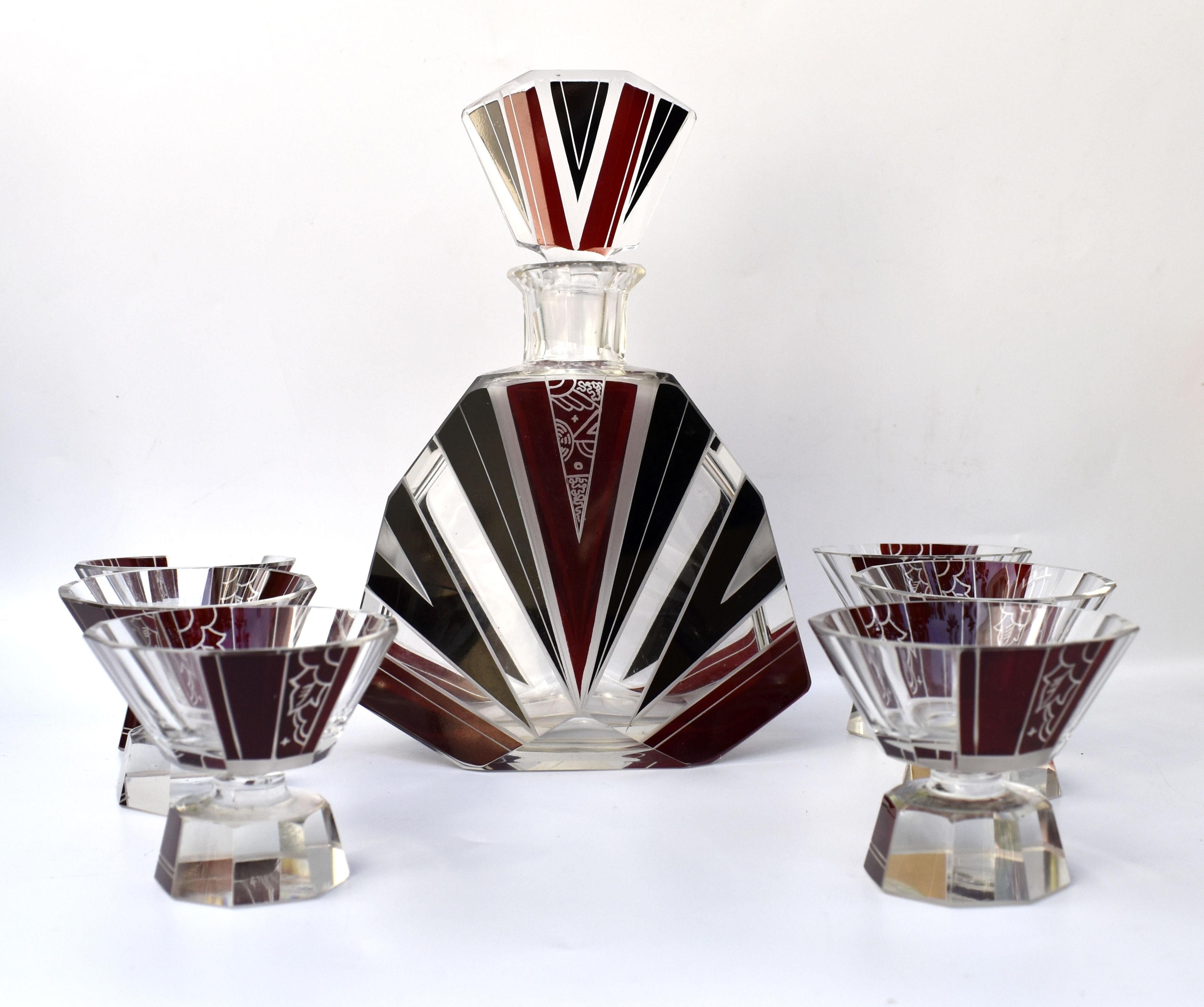 Art Deco Cut Glass & Enamel Decanter Set by Karl Palda, c1930 2