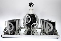 Art Deco Cut Glass & Enamel Decanter Set by Karl Palda, c1930