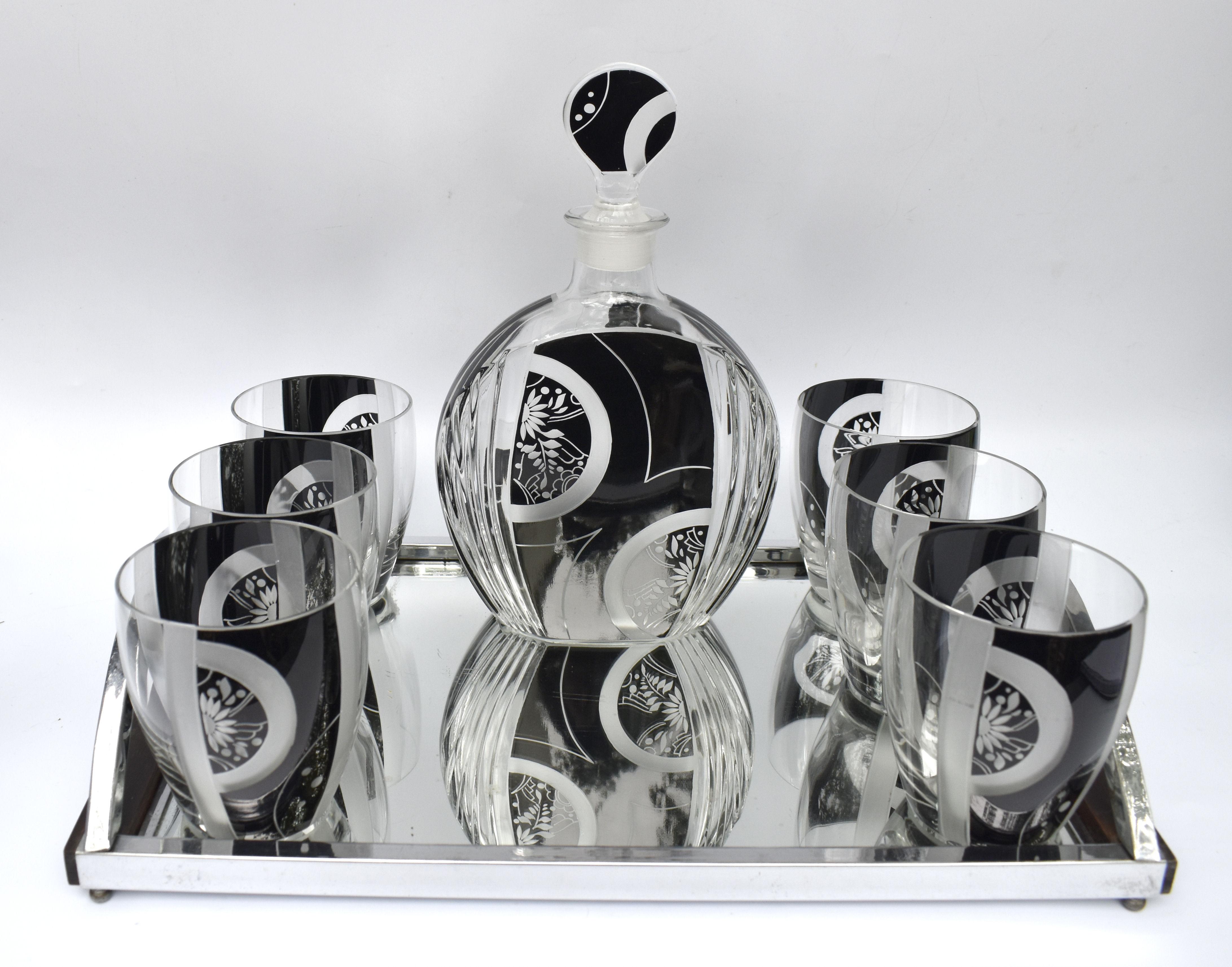 Czech Art Deco Cut Glass & Enamel Decanter Set by Karl Palda, c1930