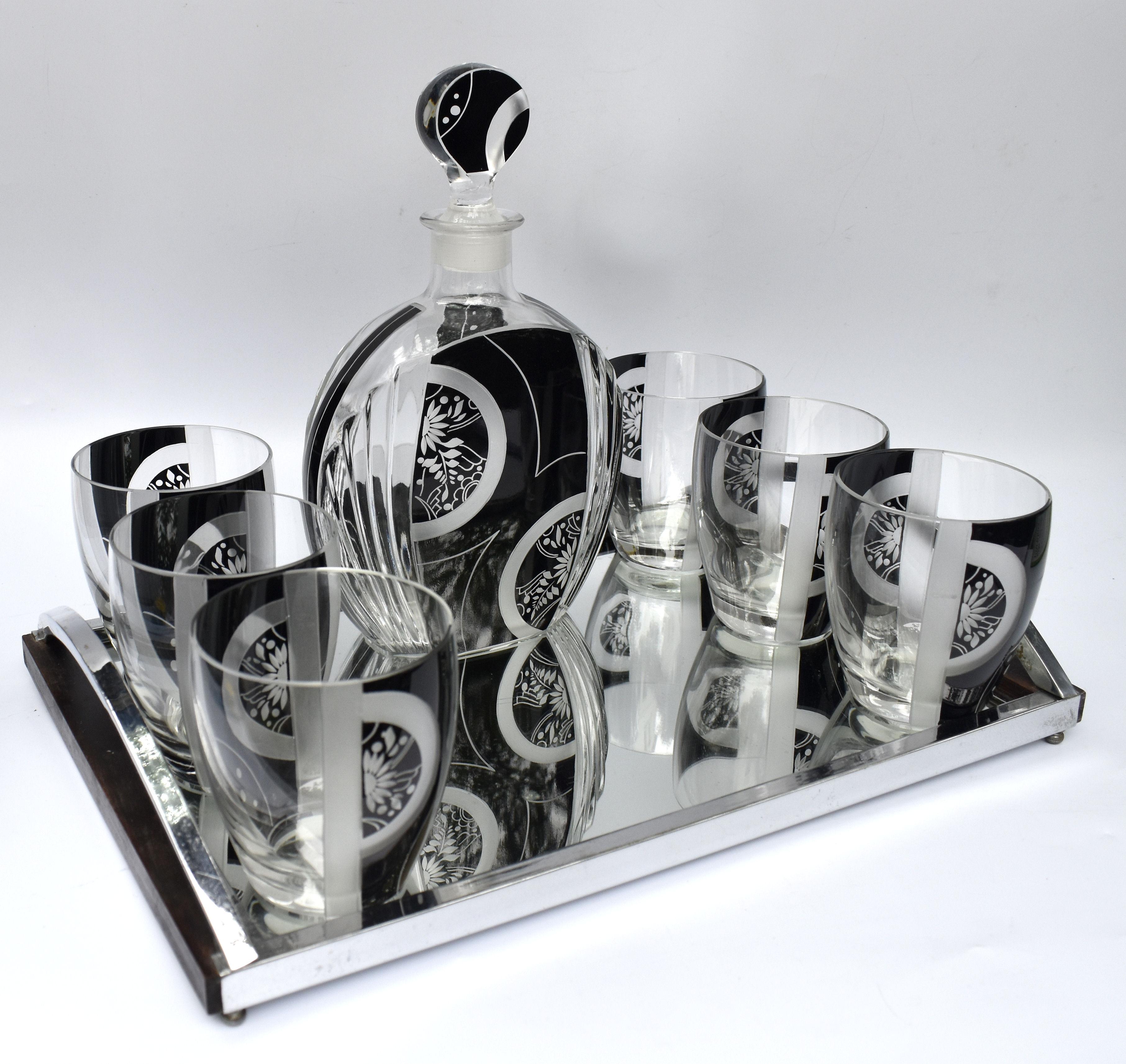 Enameled Art Deco Cut Glass & Enamel Decanter Set by Karl Palda, c1930