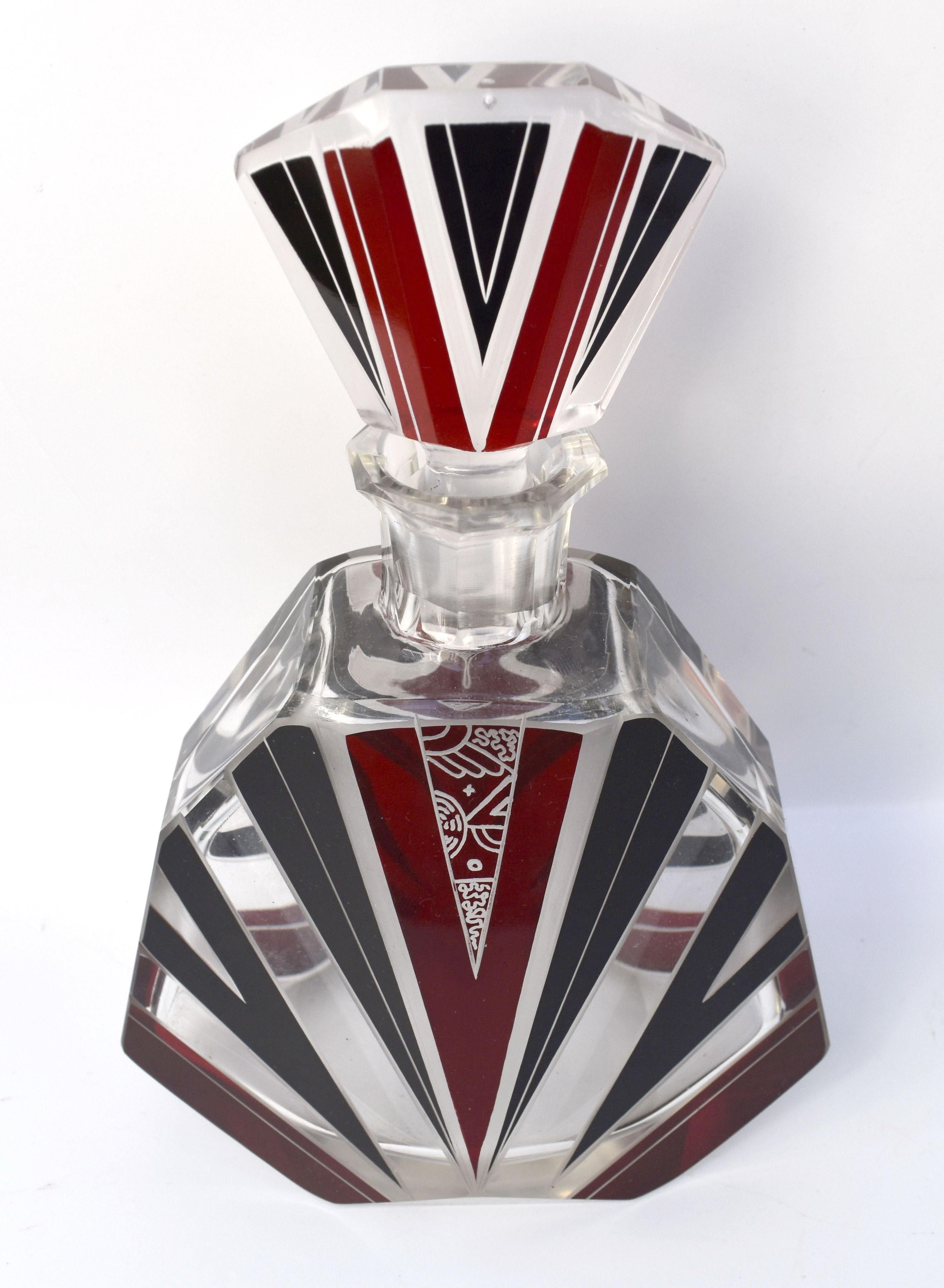 Czech Art Deco Cut Glass & Enamel Decanter Set by Karl Palda, c1930