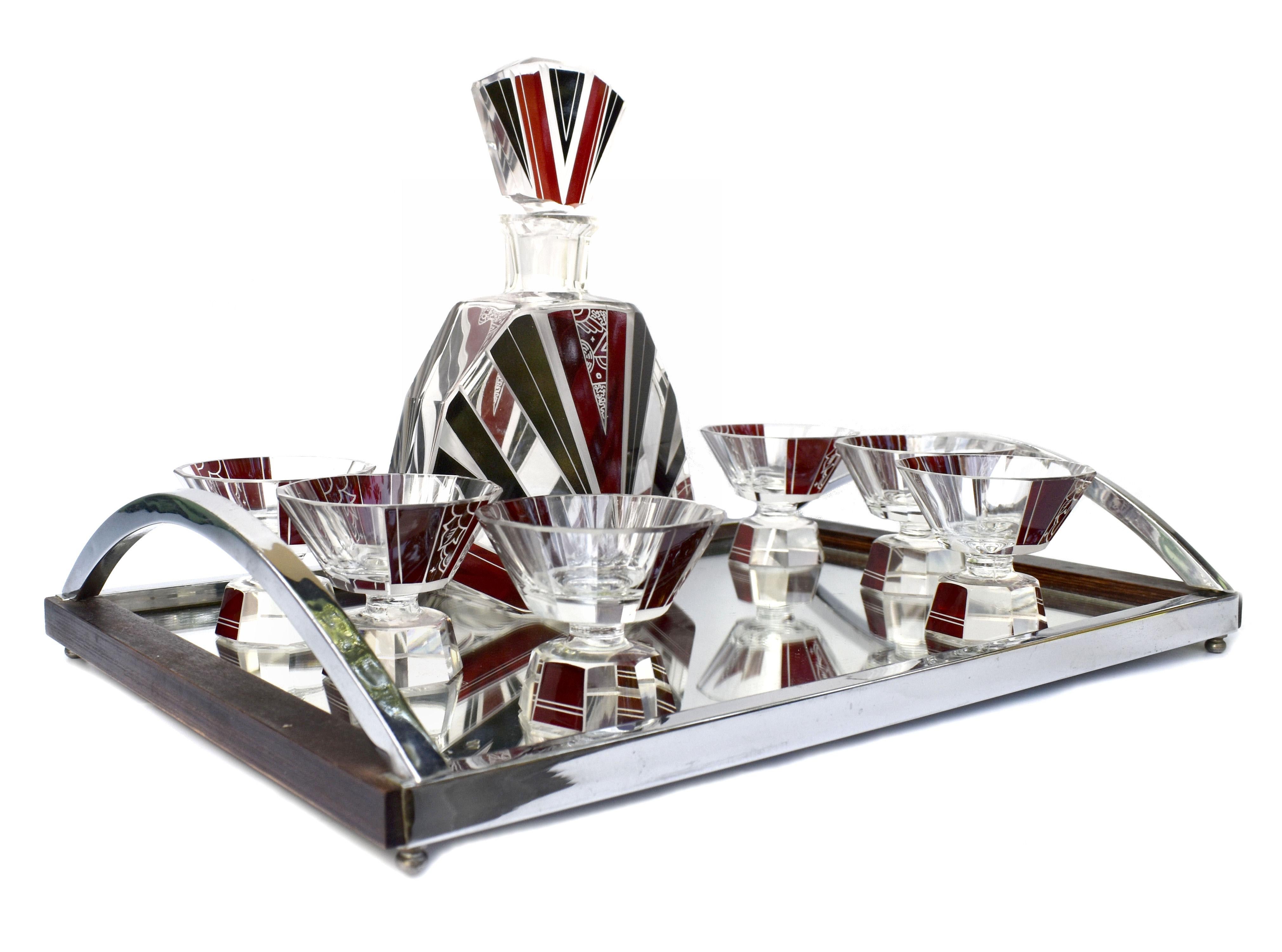 20th Century Art Deco Cut Glass & Enamel Decanter Set by Karl Palda, c1930