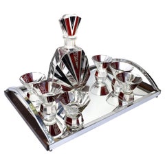 Art Deco Cut Glass & Enamel Decanter Set by Karl Palda, c1930