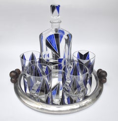Art Deco Cut Glass & Enamel Decanter Set, c1930