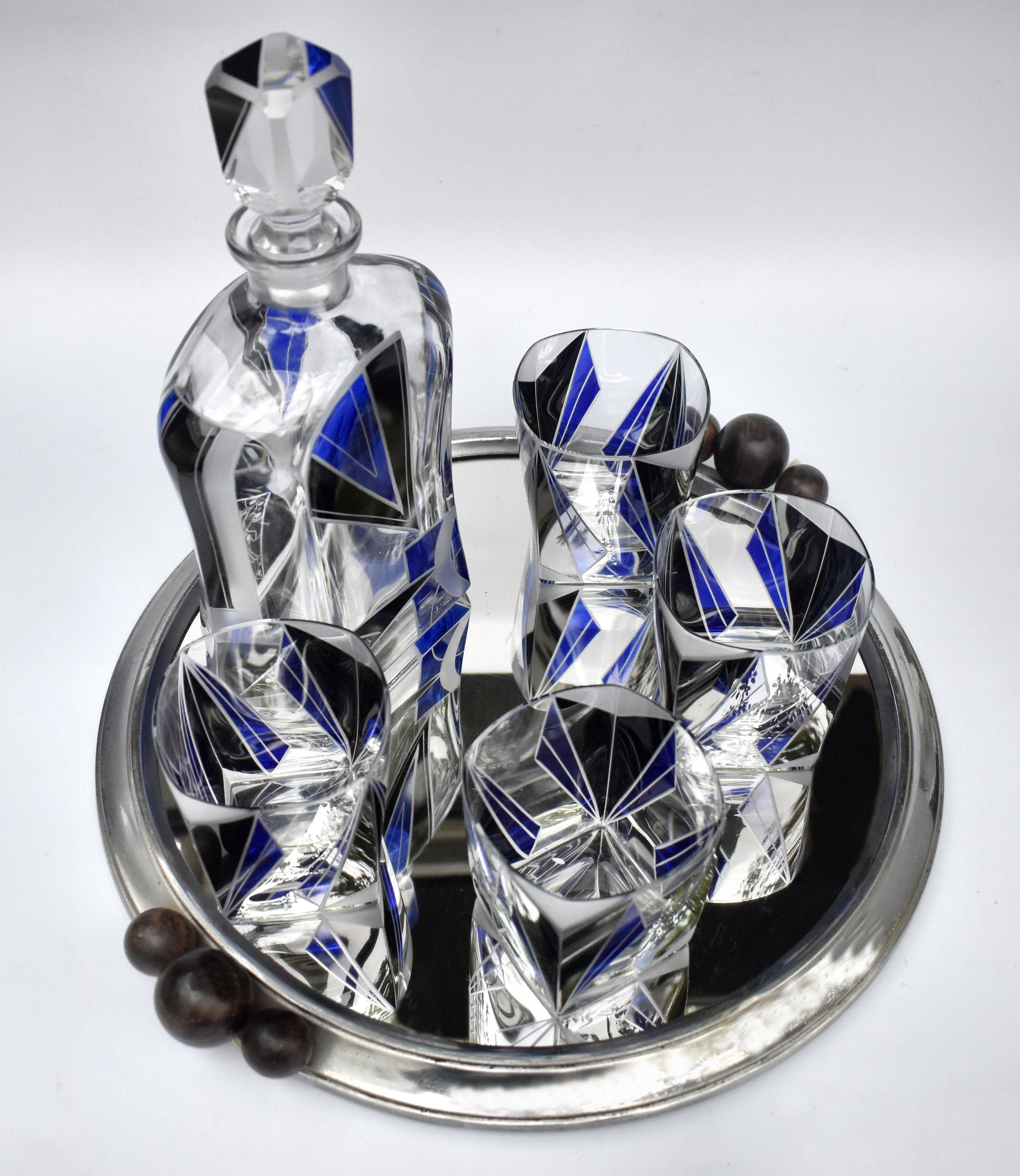 Czech Art Deco Cut Glass & Enamel Decanter Set, c1930