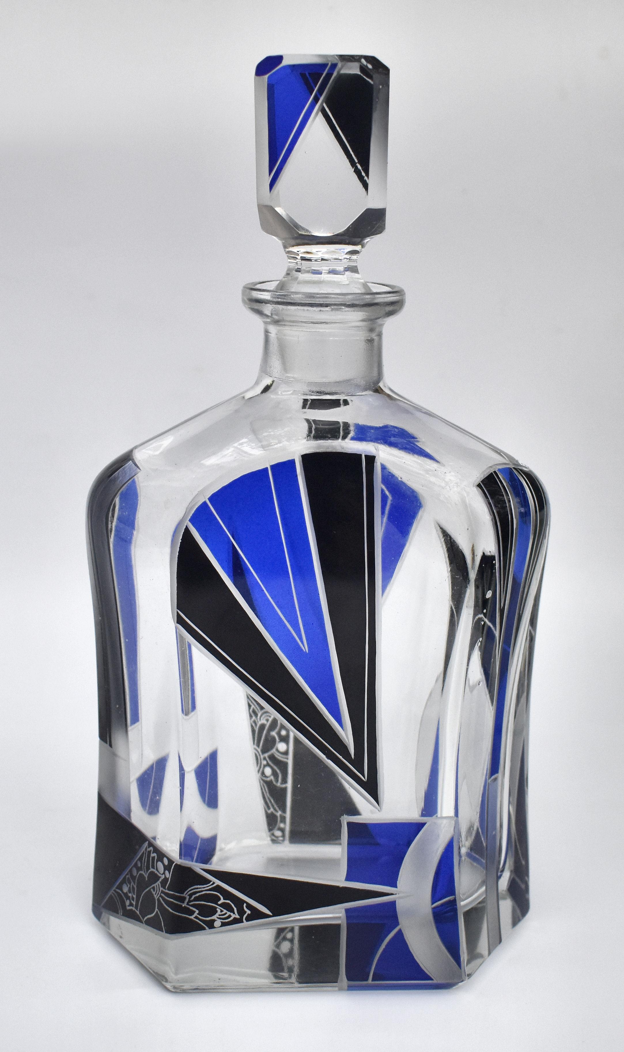 Art Deco Cut Glass & Enamel Decanter Set, c1930 In Good Condition In Devon, England