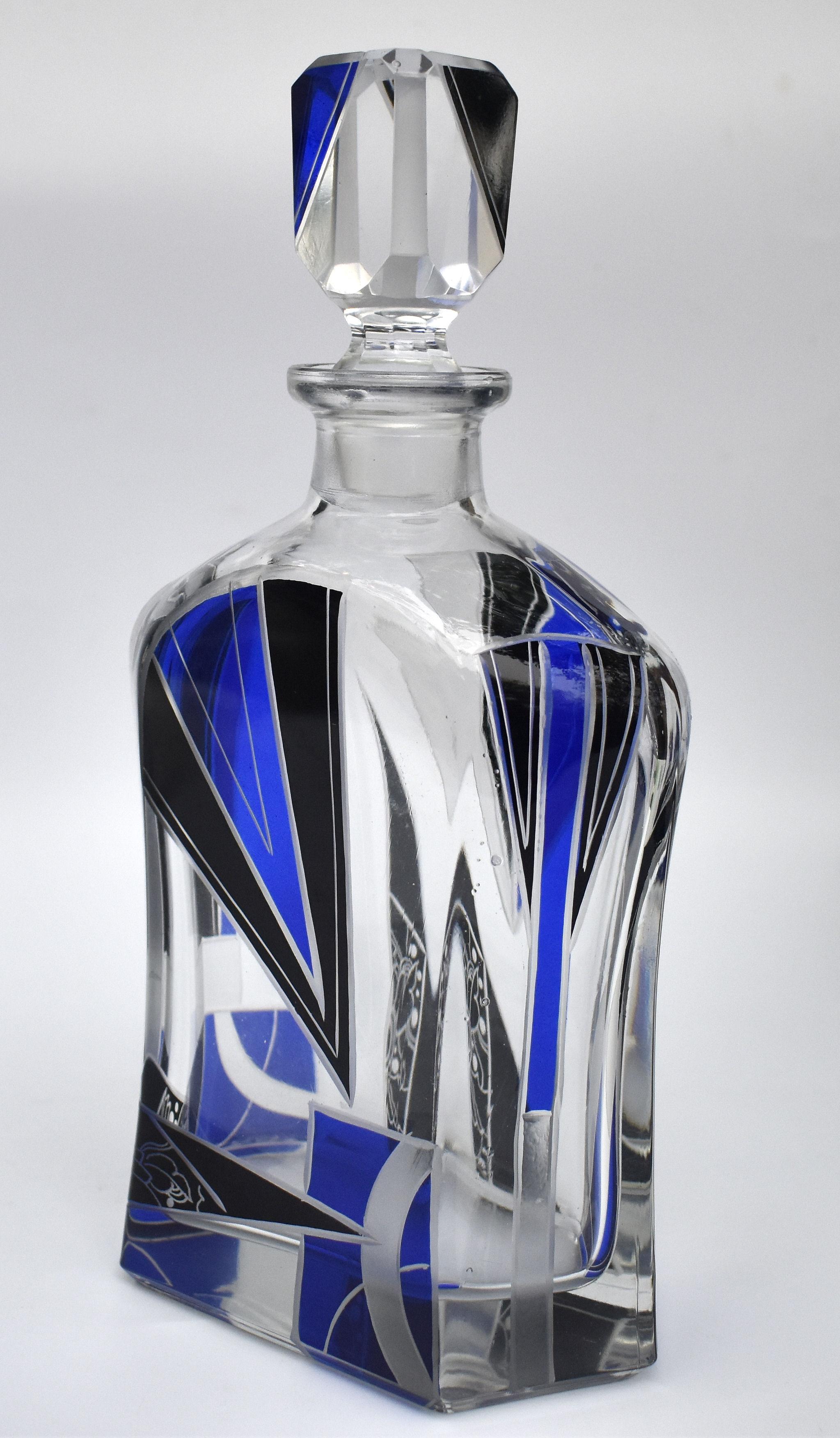 20th Century Art Deco Cut Glass & Enamel Decanter Set, c1930