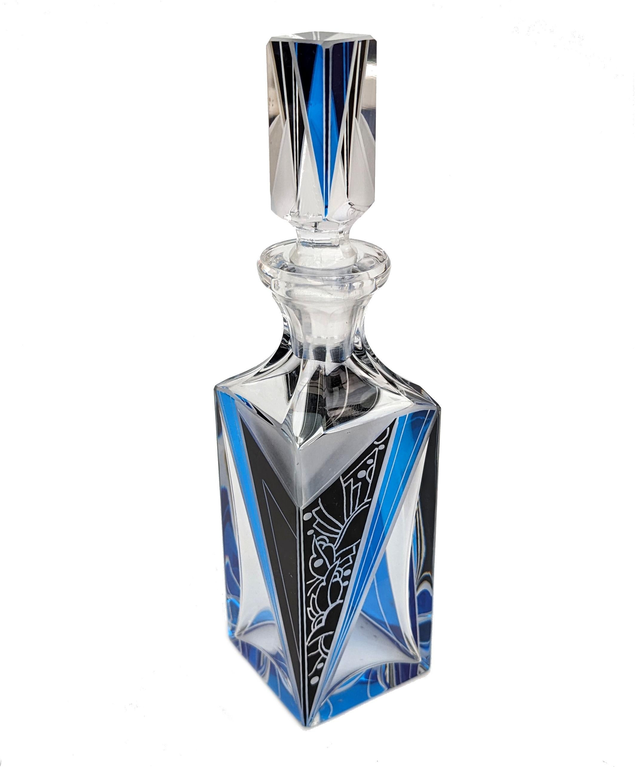 Czech Art Deco Cut Glass & Enamel Ladies Perfume Bottle, c1930