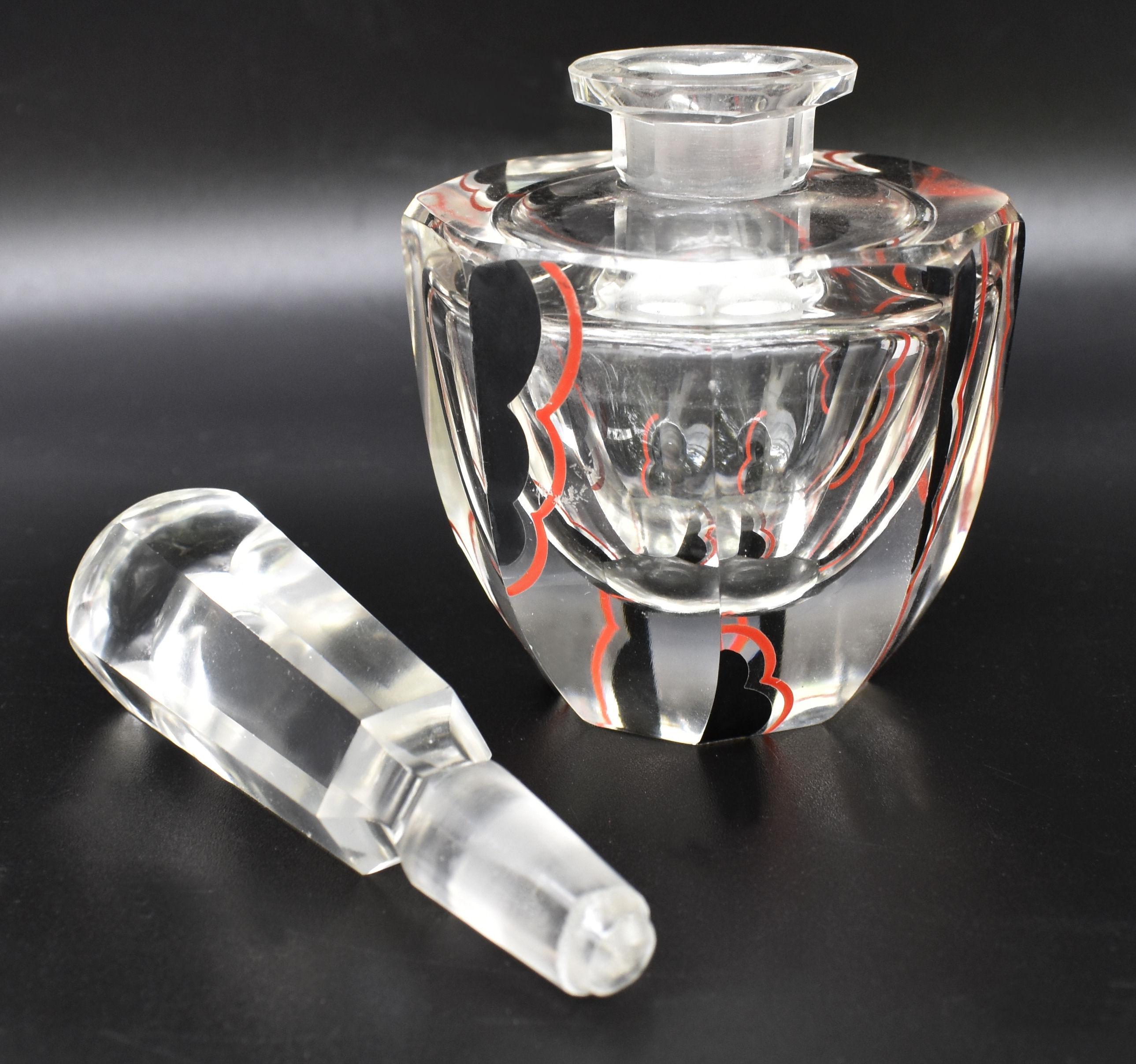 English Art Deco Cut Glass & Enamel Perfume Bottle, c1930 For Sale