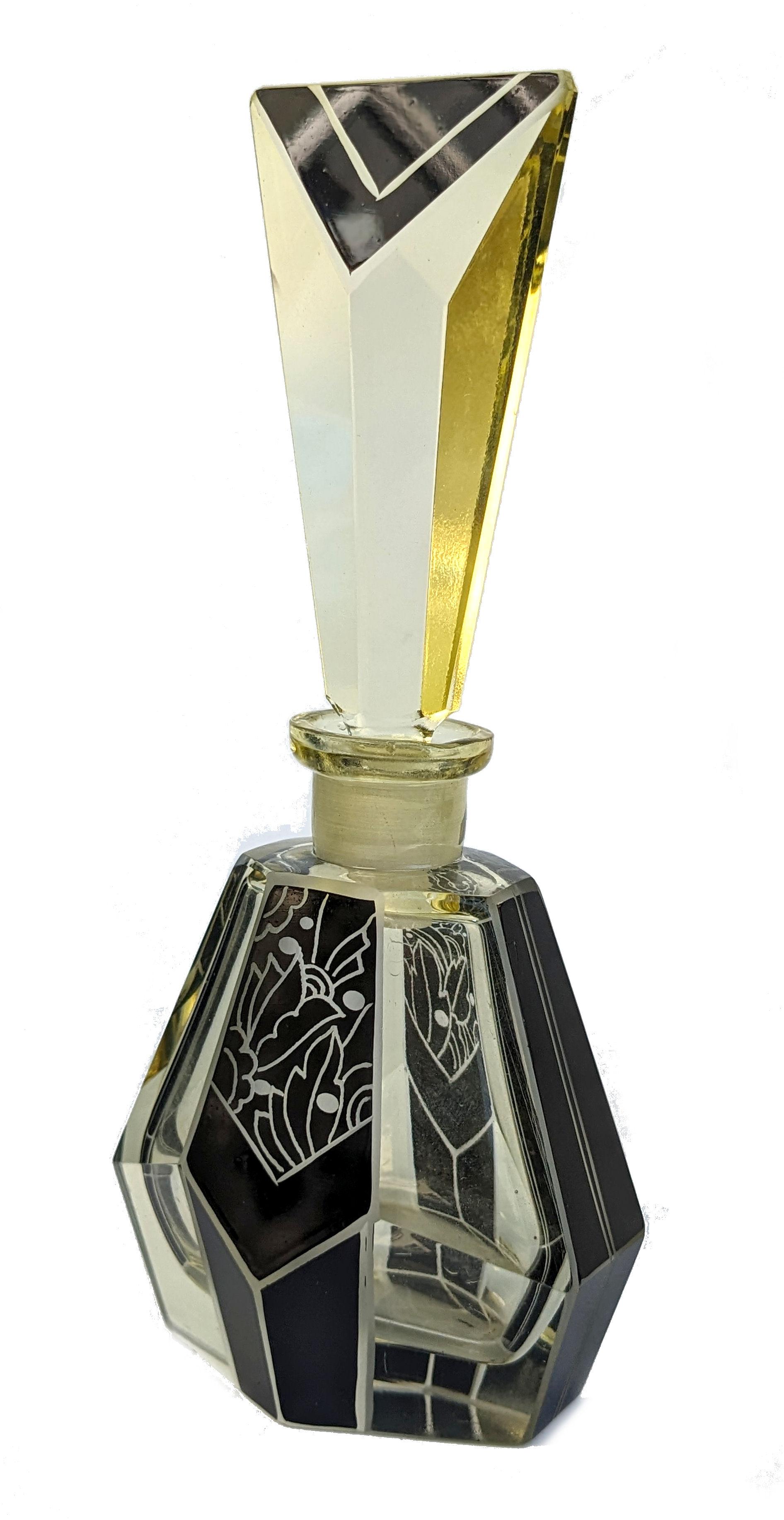 Czech Art Deco Cut Glass & Enamel Perfume Bottle, c1930 For Sale