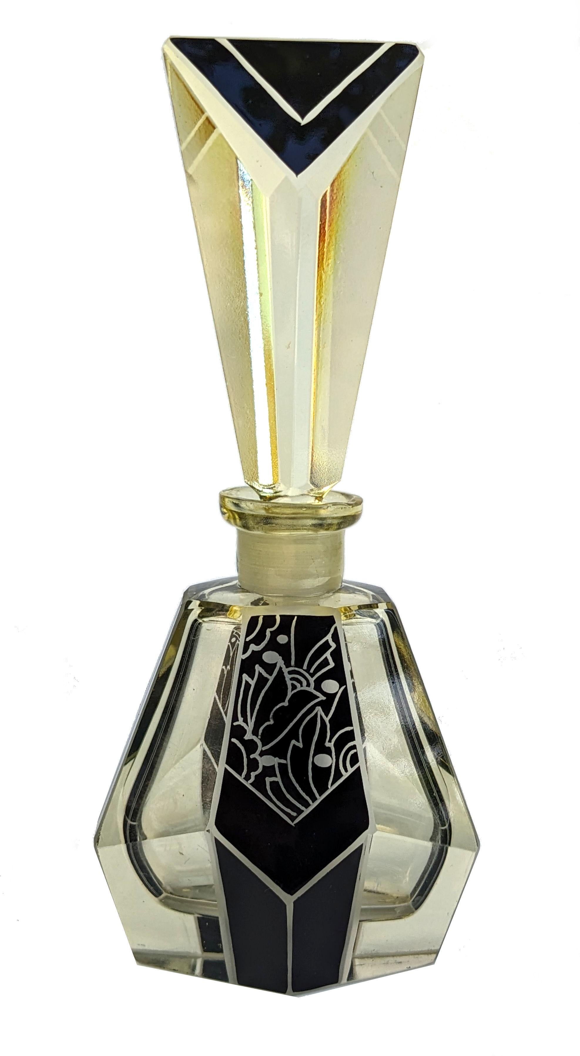Enameled Art Deco Cut Glass & Enamel Perfume Bottle, c1930 For Sale