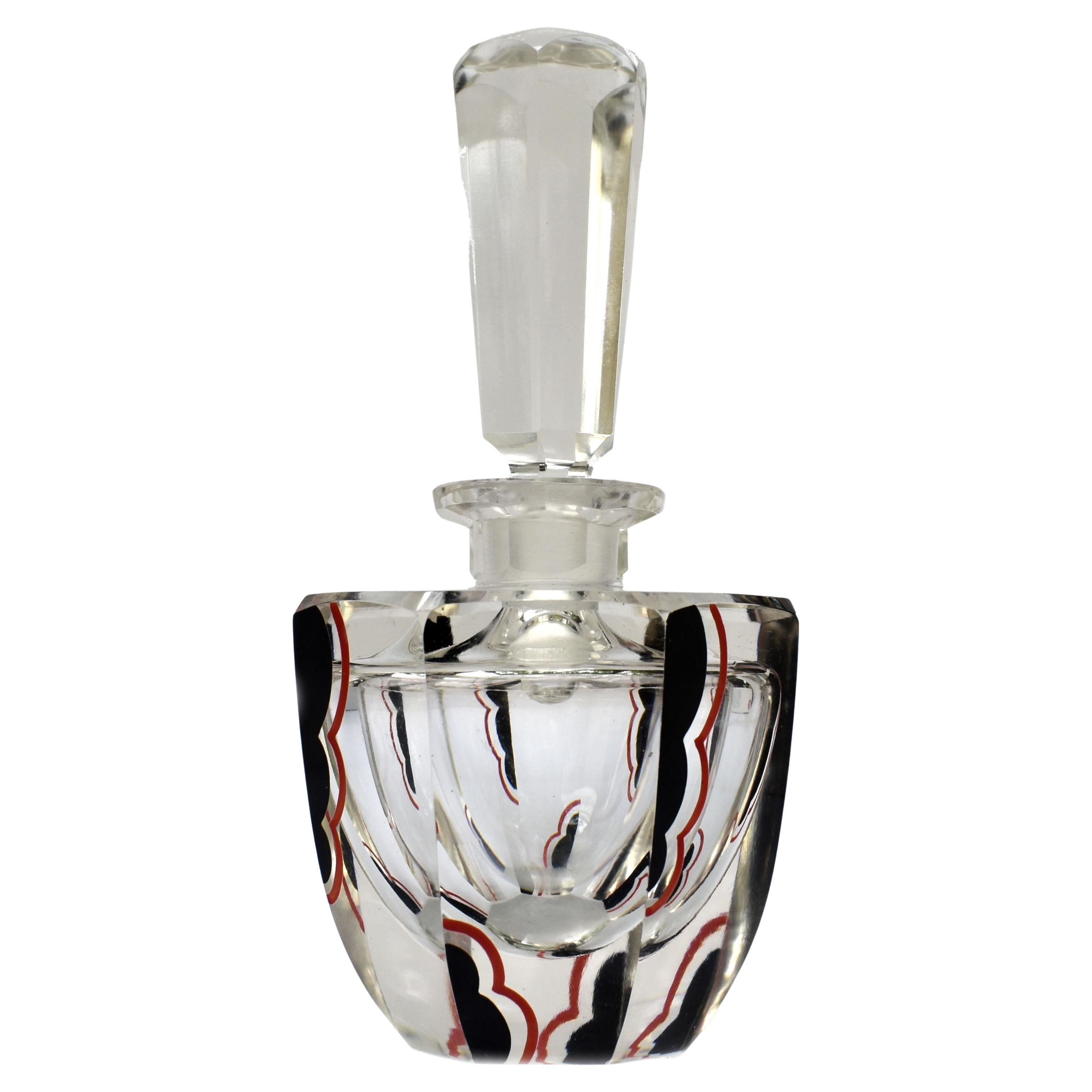 Art Deco Cut Glass & Enamel Perfume Bottle, c1930